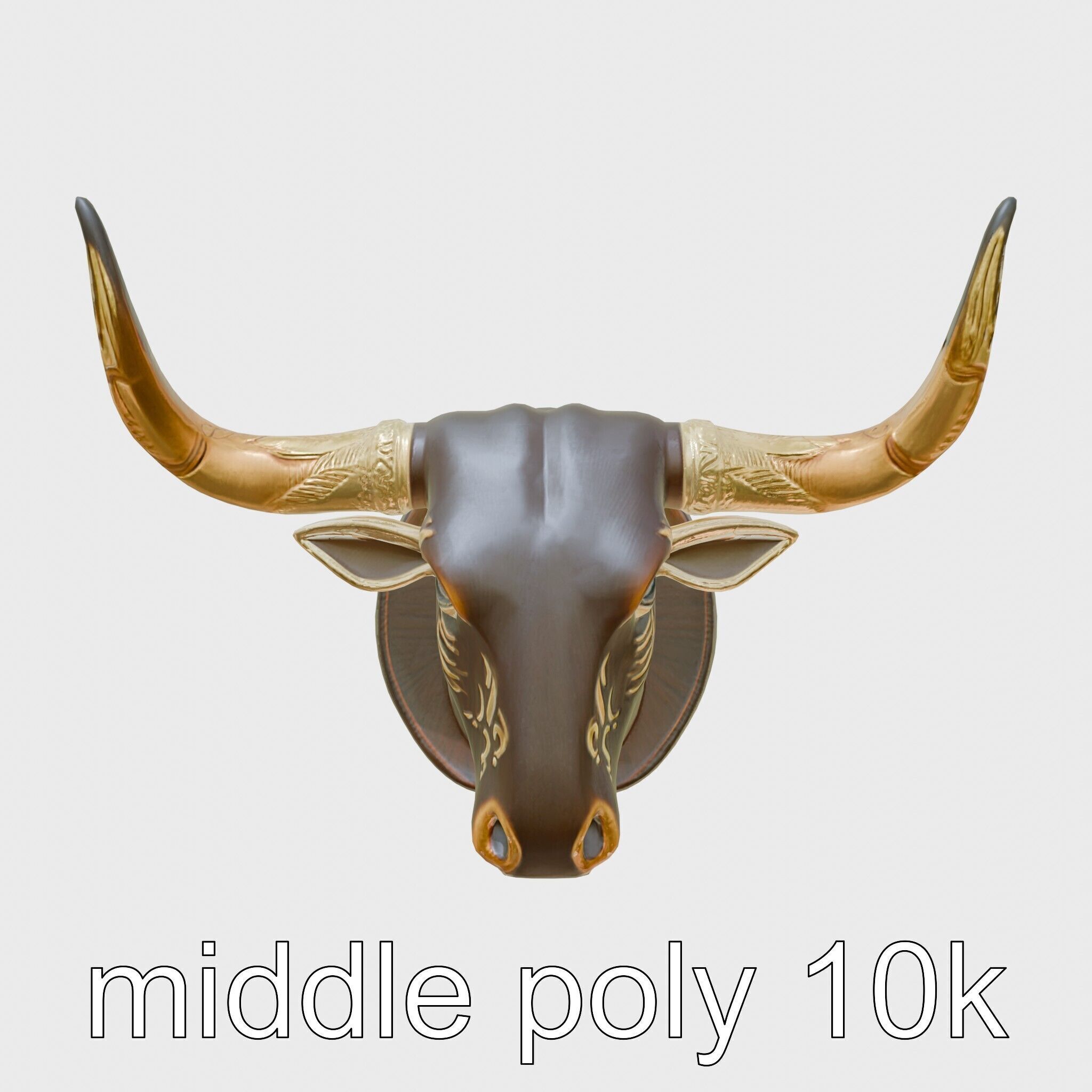 Westward Bull Head with Decorative Horns and Oak Mount Low-poly 3D model_25