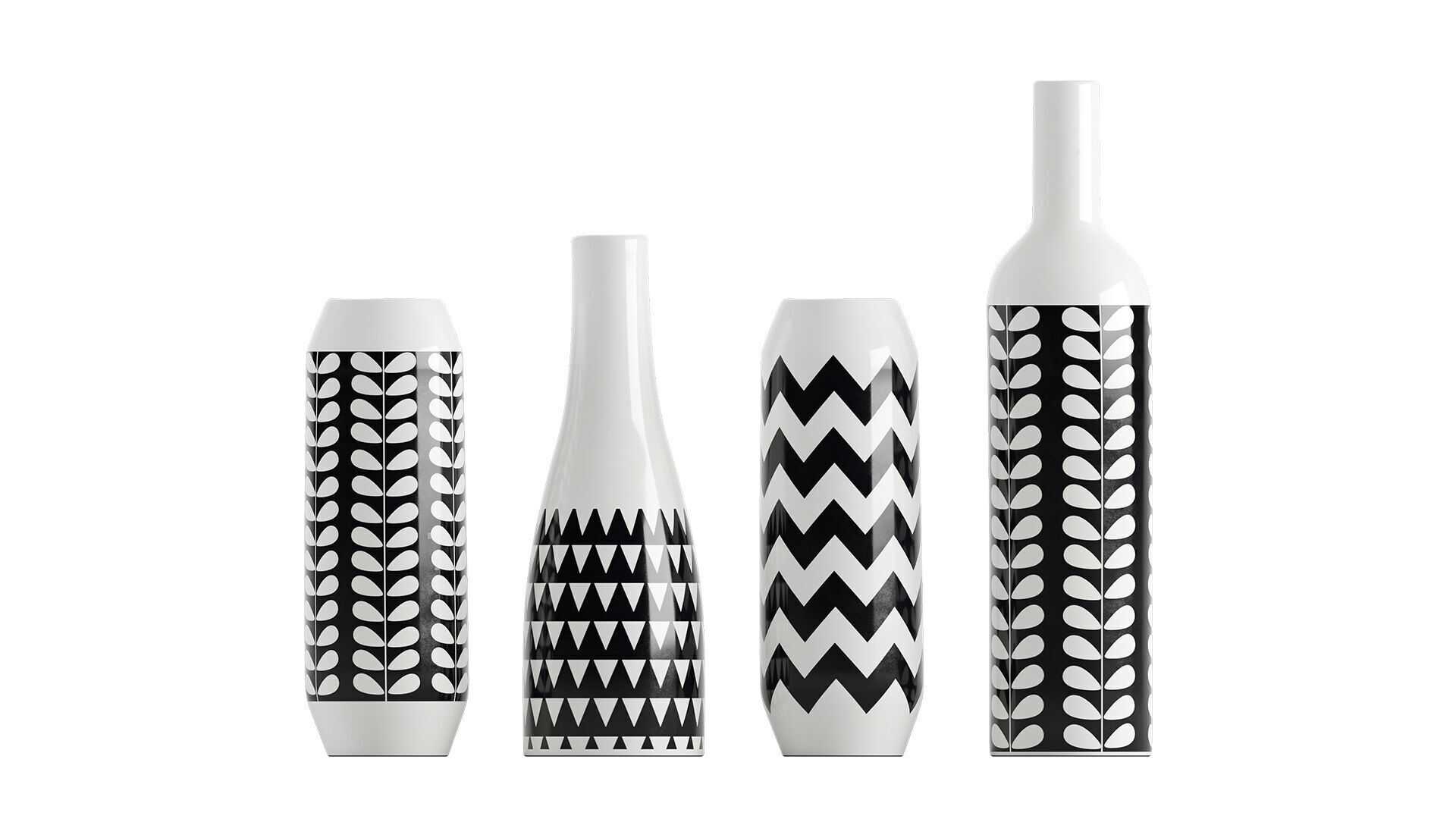 Set of 4 black and white patterned vases 3D model_4