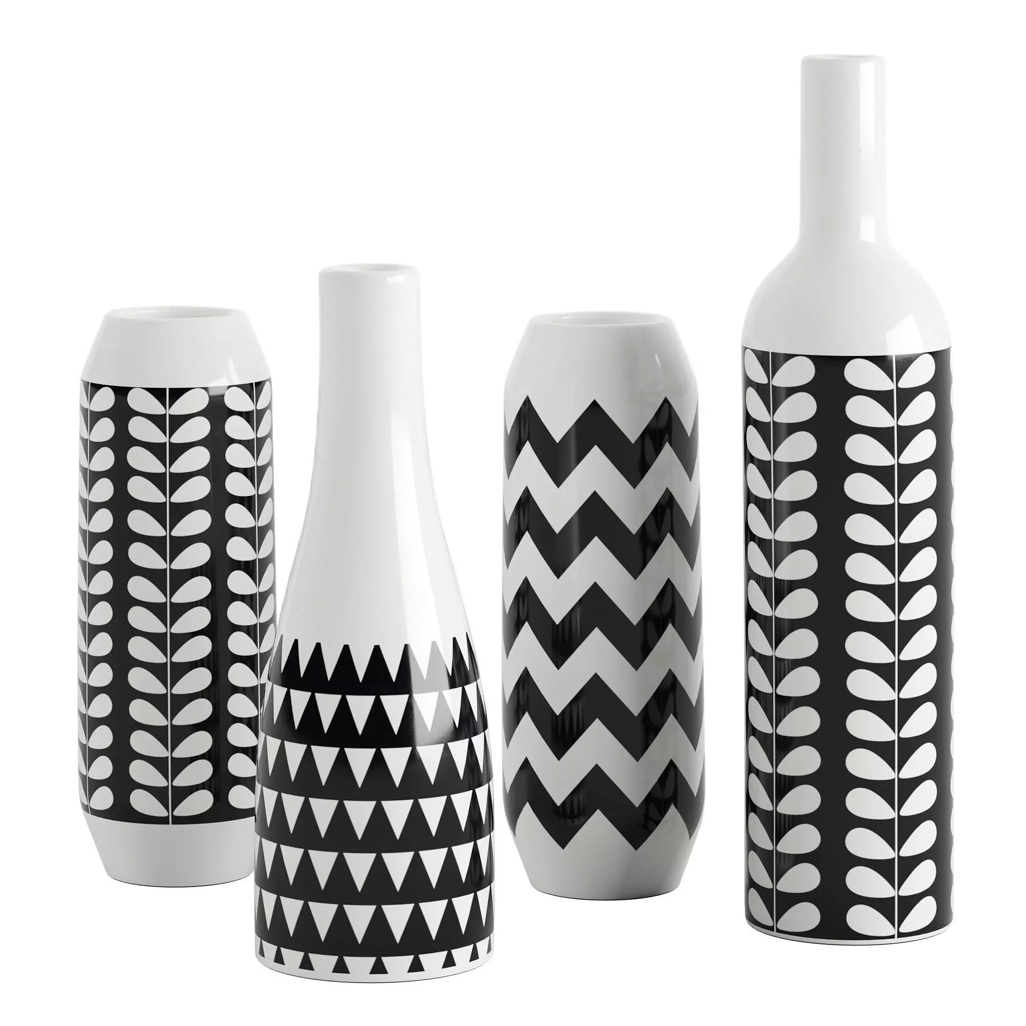 Set of 4 black and white patterned vases 3D model_0