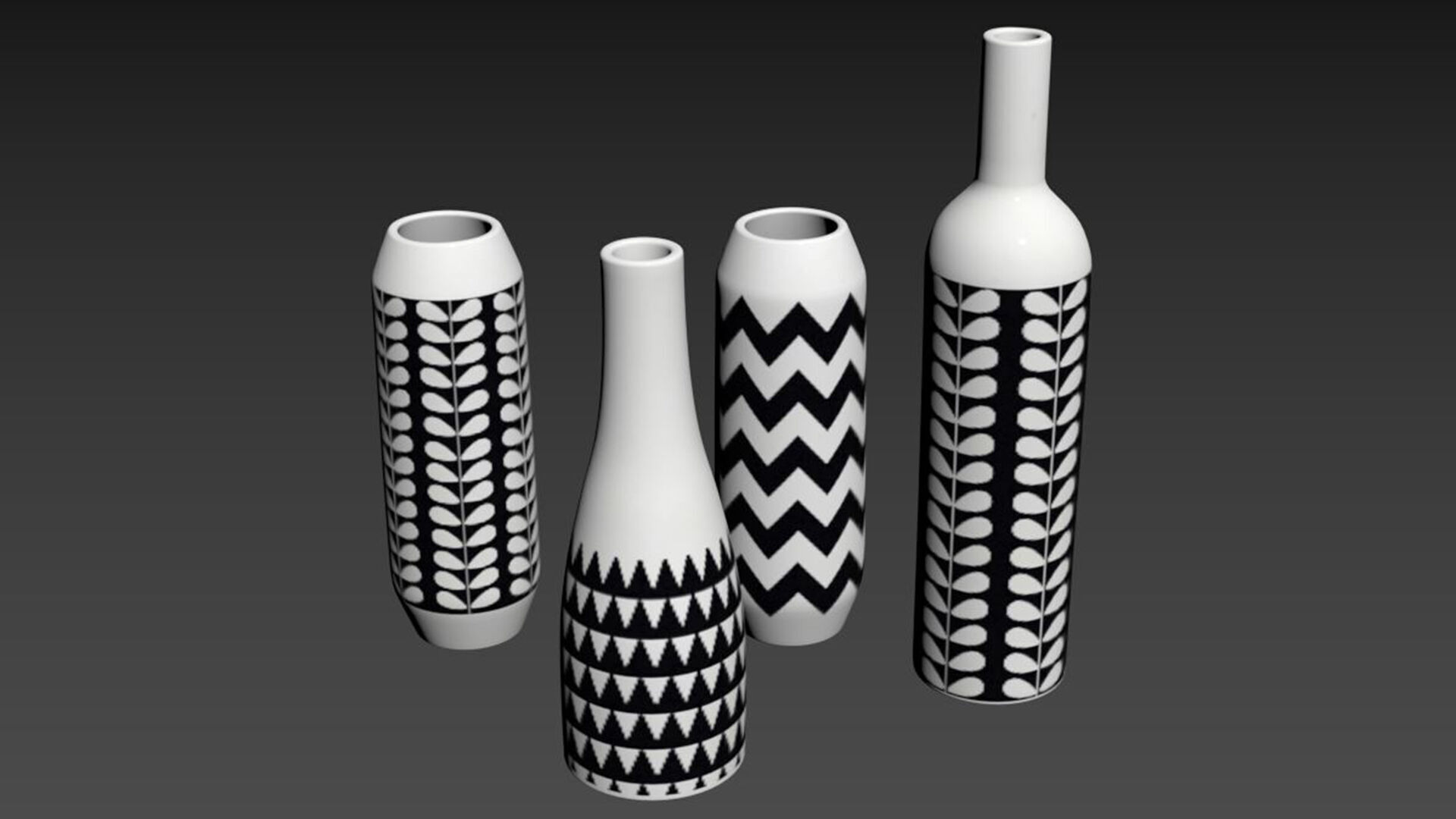 Set of 4 black and white patterned vases 3D model_5