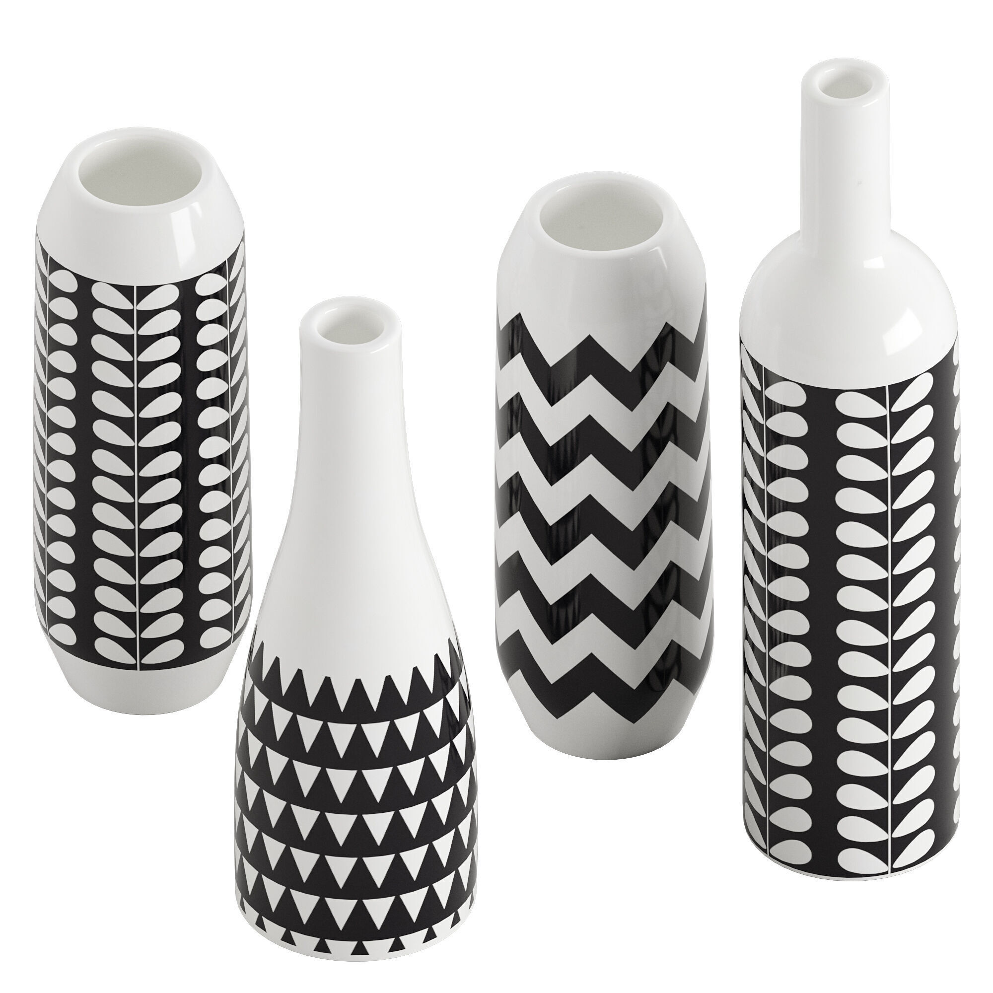 Set of 4 black and white patterned vases 3D model_1