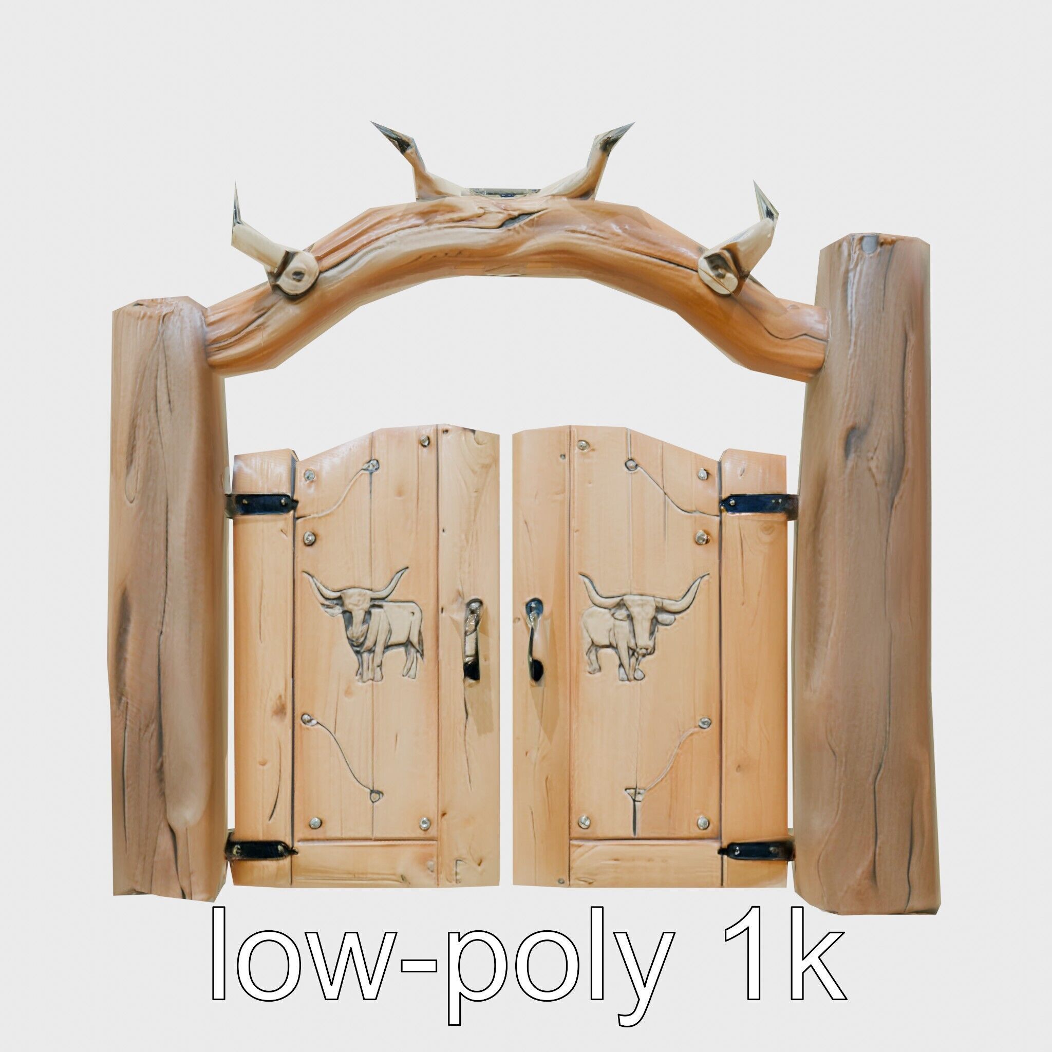 Rustic Aged Wooden Ranch Gate with Longhorn Motifs Low-poly 3D model_29