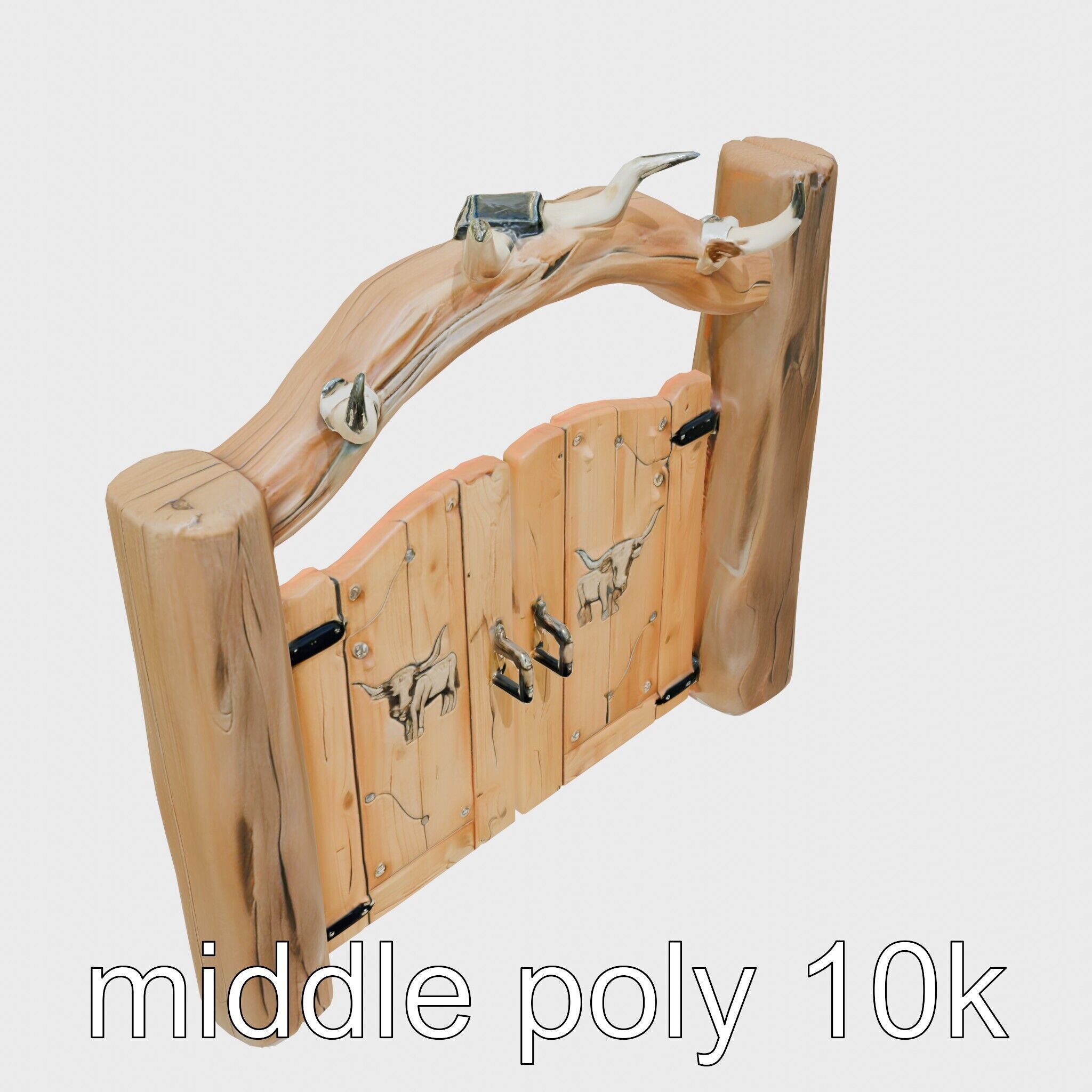 Rustic Aged Wooden Ranch Gate with Longhorn Motifs Low-poly 3D model_12