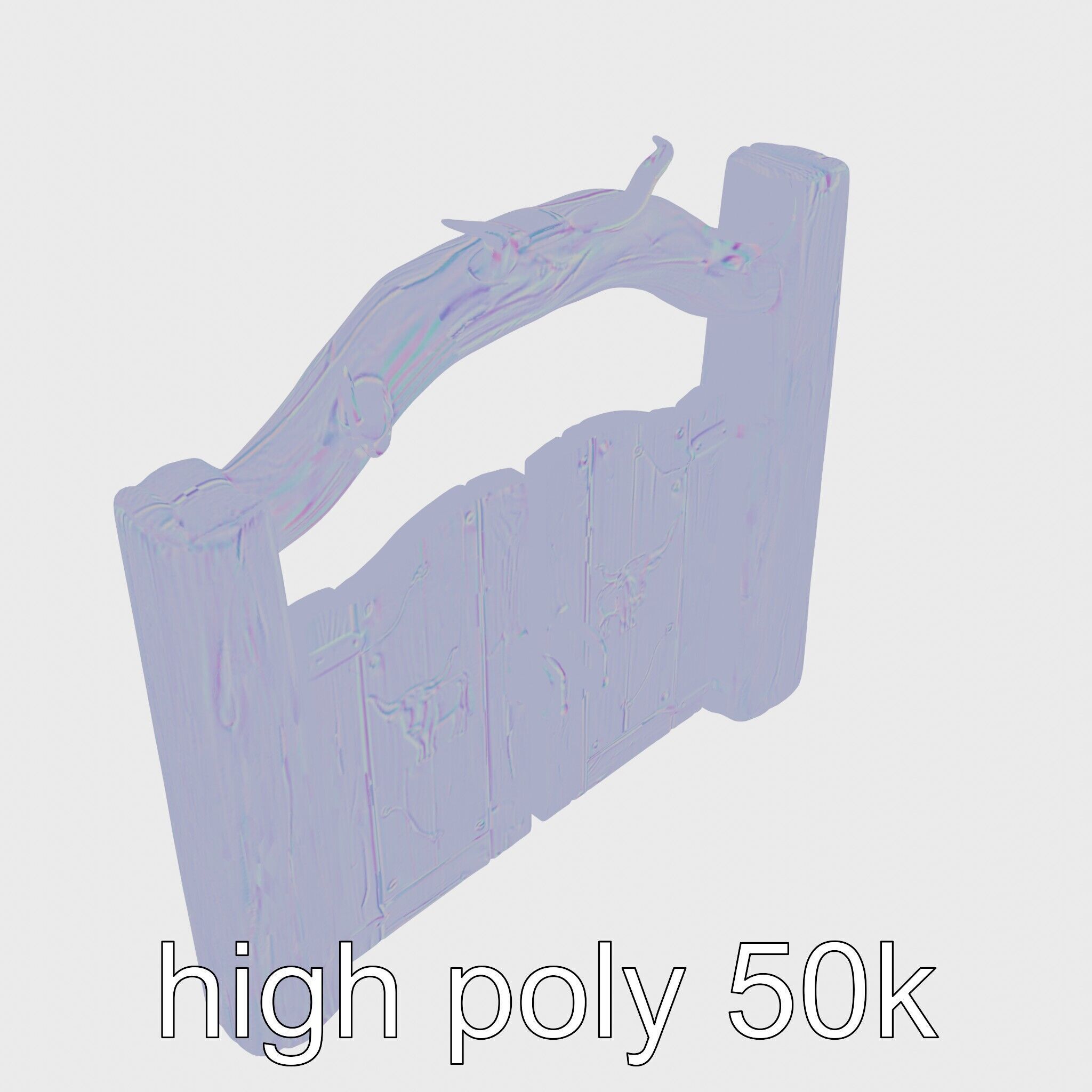 Rustic Aged Wooden Ranch Gate with Longhorn Motifs Low-poly 3D model_26