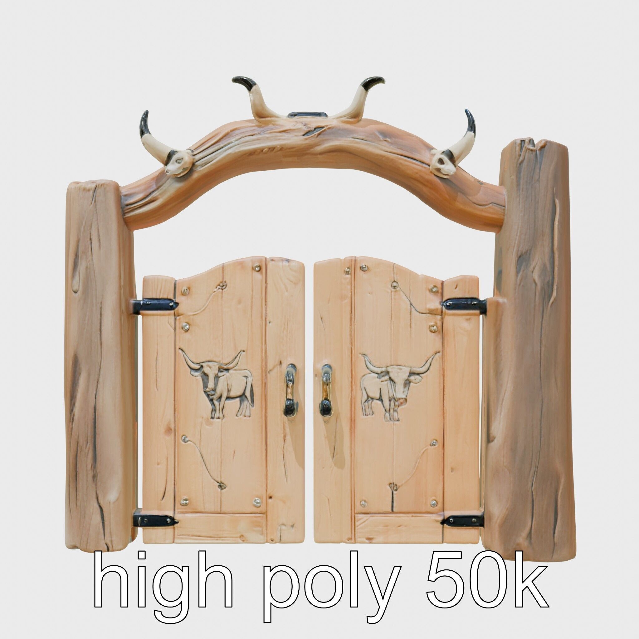 Rustic Aged Wooden Ranch Gate with Longhorn Motifs Low-poly 3D model_32