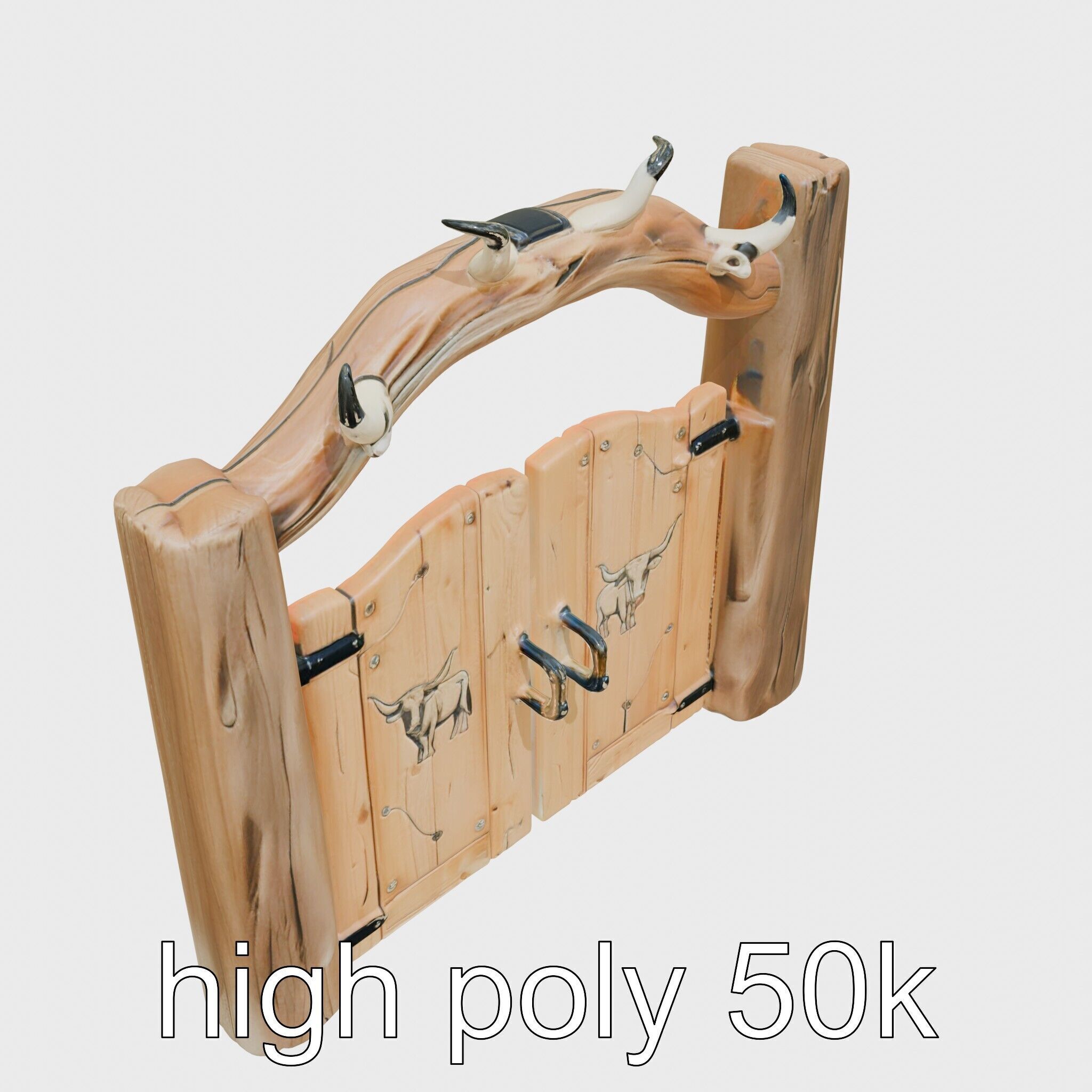 Rustic Aged Wooden Ranch Gate with Longhorn Motifs Low-poly 3D model_11