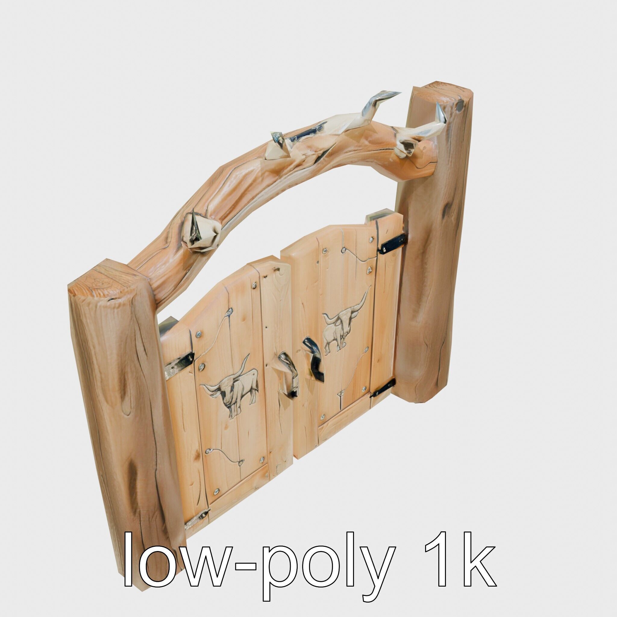 Rustic Aged Wooden Ranch Gate with Longhorn Motifs Low-poly 3D model_13