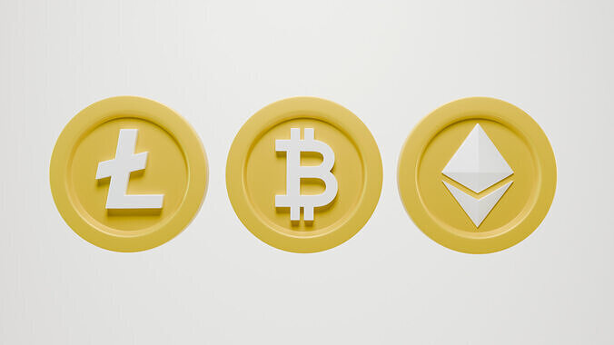 Gold crypto coins Bitcoin  Ethereum Litecoin in cartoon style 3D model