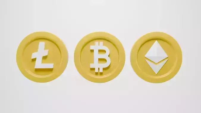 Gold crypto coins Bitcoin  Ethereum Litecoin in cartoon style