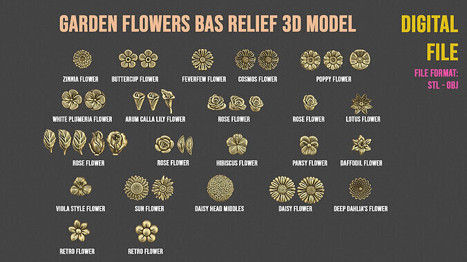 Garden Flowers Bas Relief Set 3D print model