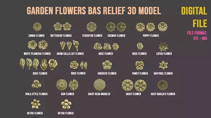 Garden Flowers Bas Relief Set 3D print model