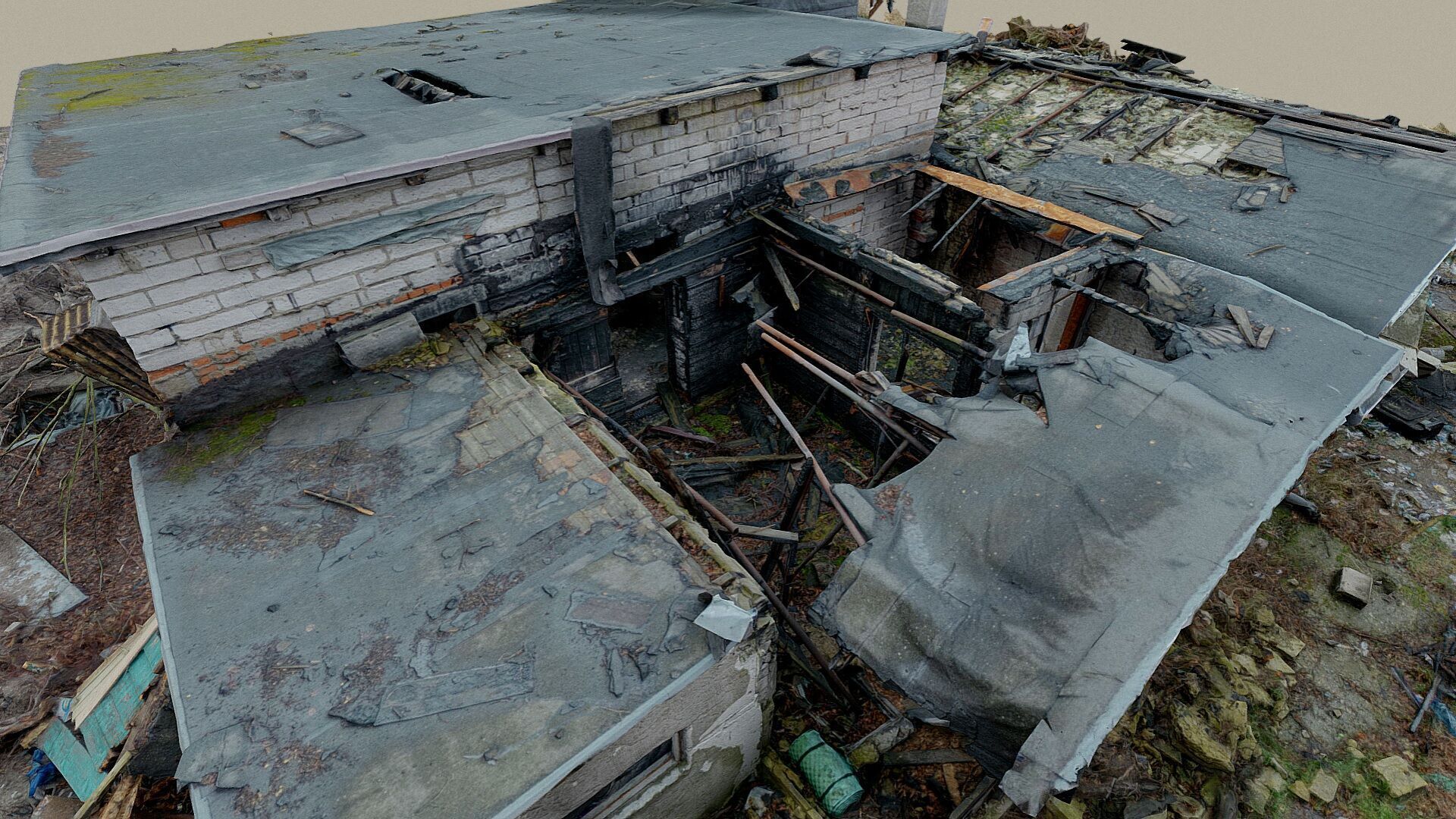 Burnt ruin of a commercial building 3D model_1