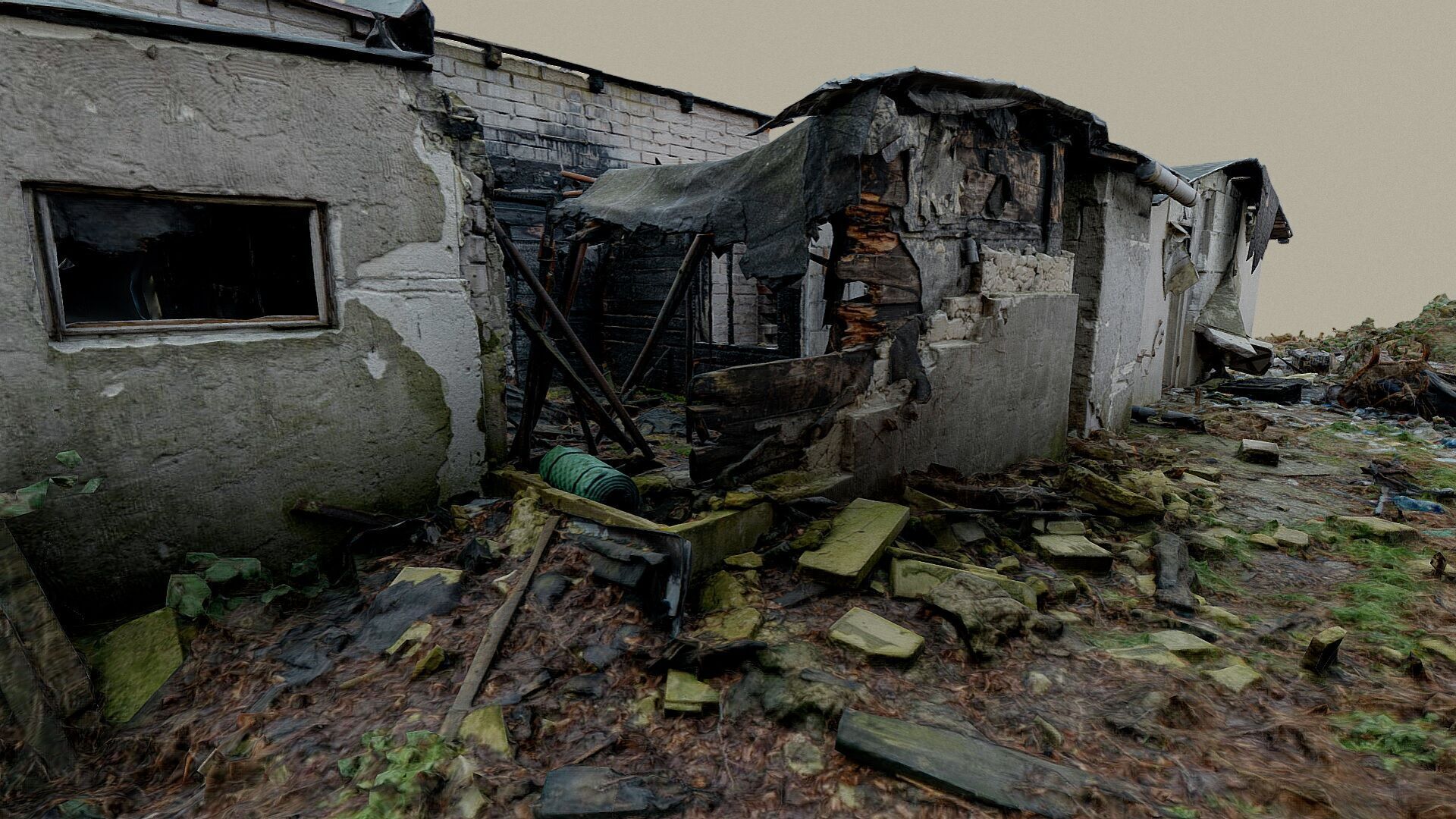 Burnt ruin of a commercial building 3D model_2