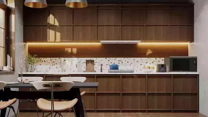 Japanese Style Minimalist Kitchen Modern Interior 3D Model 