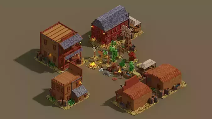 Wild West Outdoors Theme 3D Voxel Models Bundle Low-poly models
