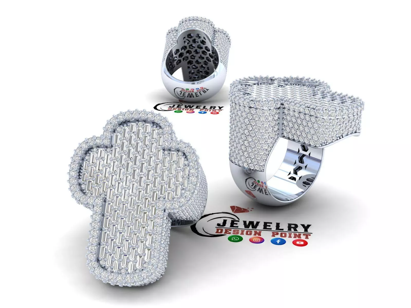 Custom Cross Round Diamond Ring - Religious Ring 3D print model