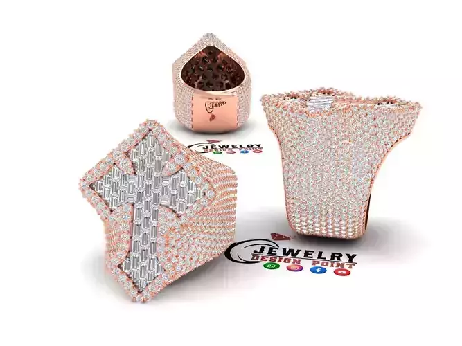 Custom Cross Signet Round Diamond Ring - Religious Ring