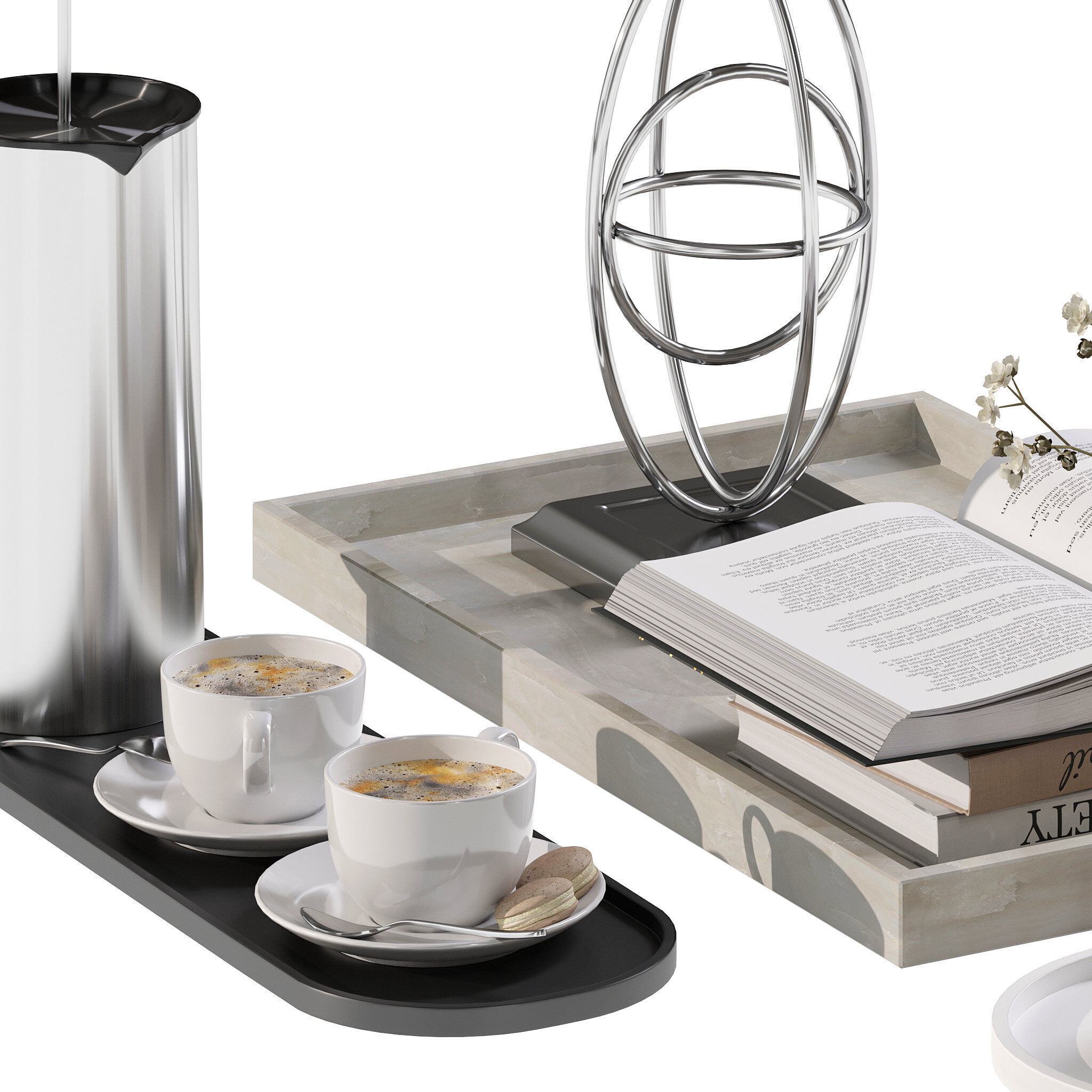 Coffee set 12 - tray pot cup books figurine flower 3D model_23
