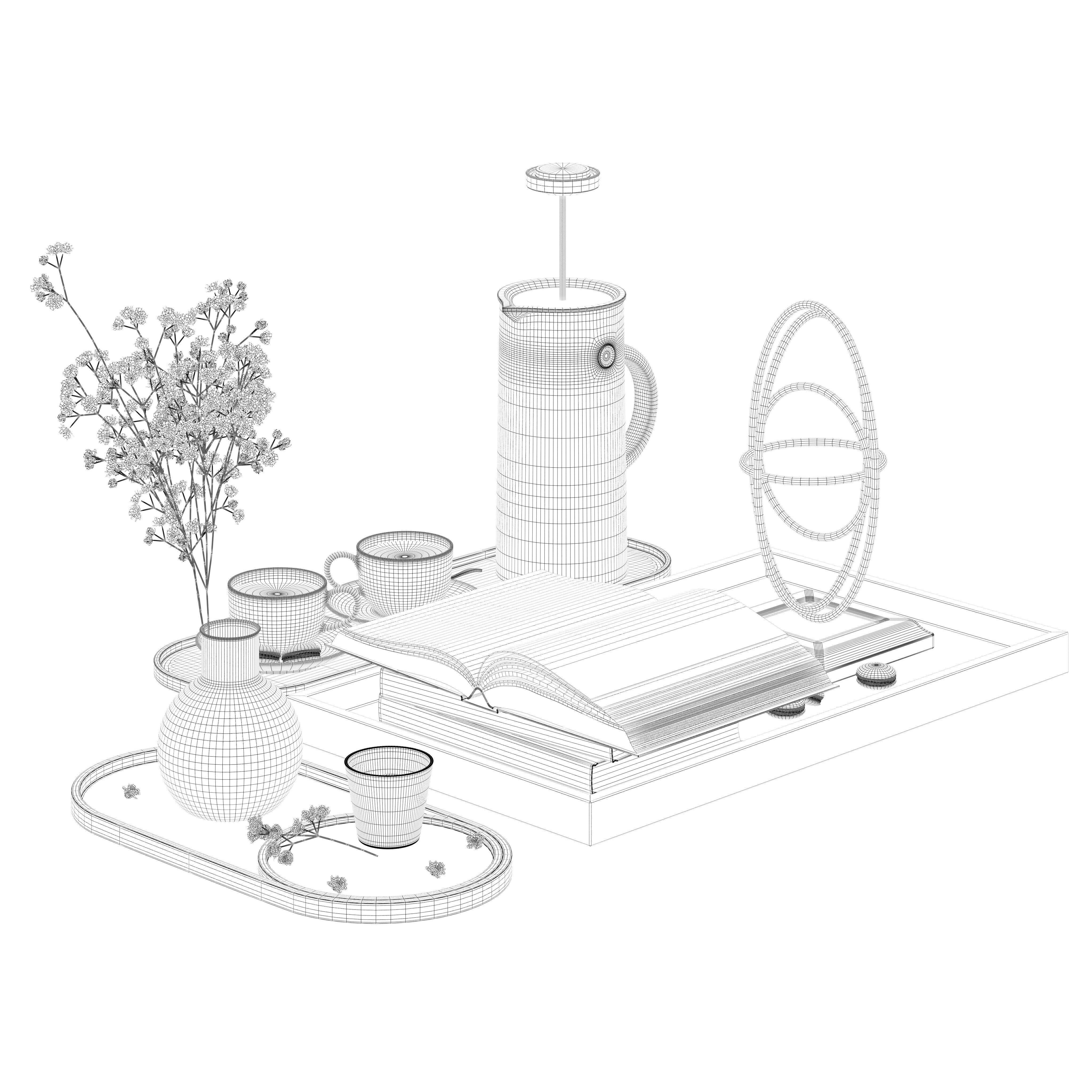 Coffee set 12 - tray pot cup books figurine flower 3D model_14