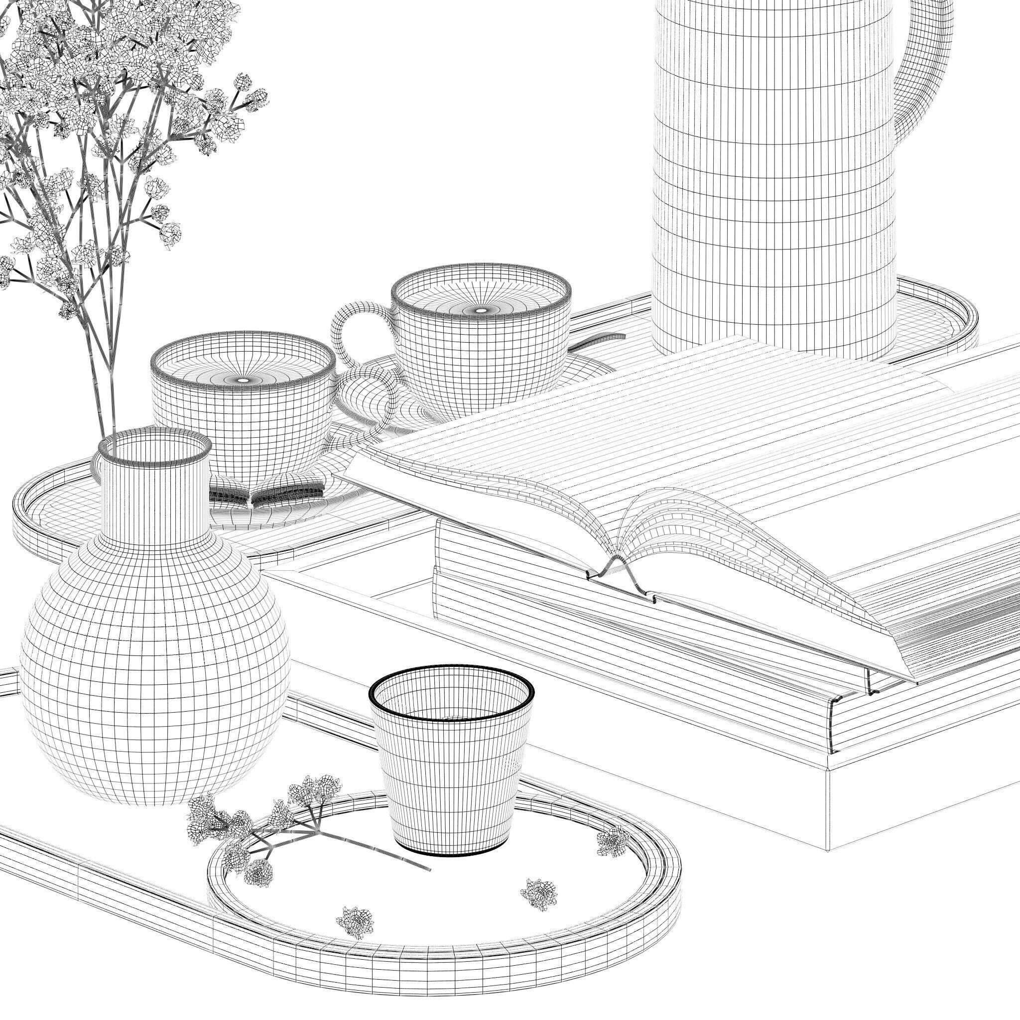 Coffee set 12 - tray pot cup books figurine flower 3D model_15