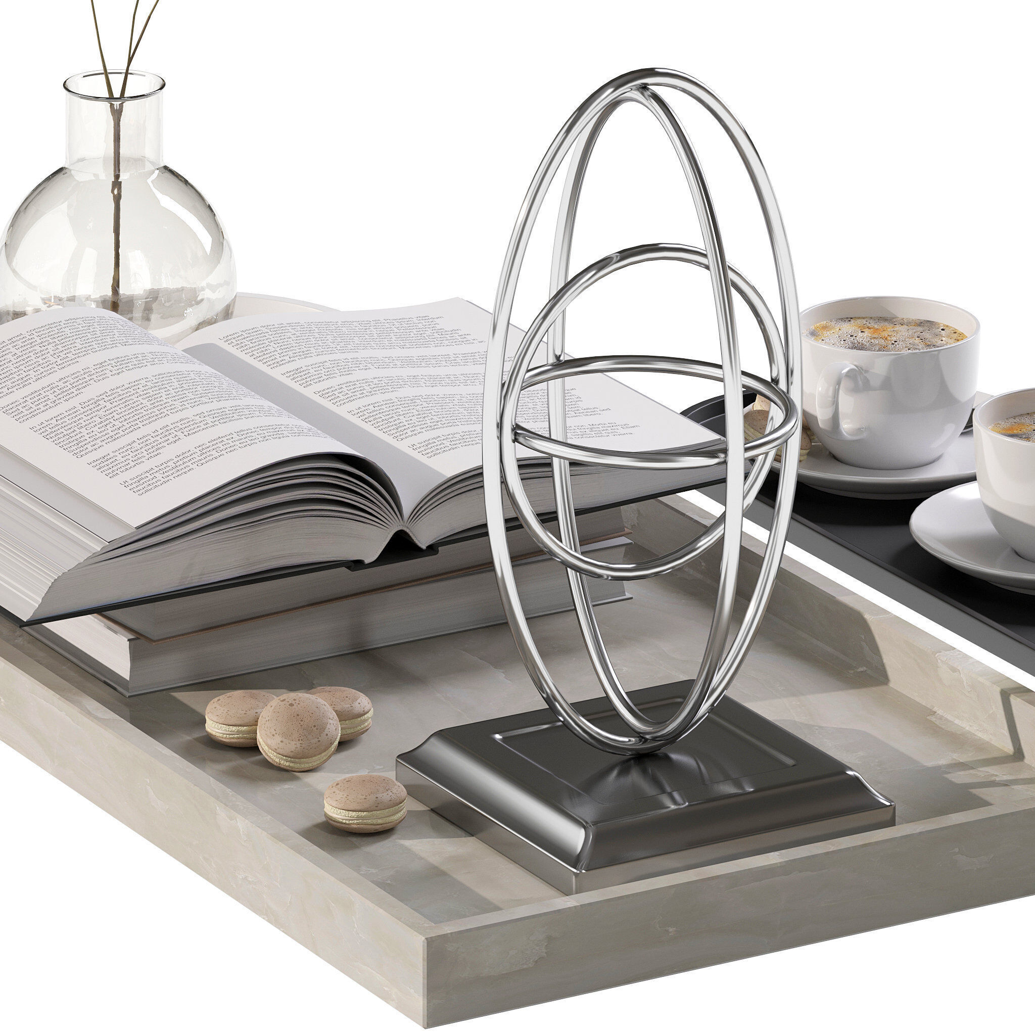 Coffee set 12 - tray pot cup books figurine flower 3D model_9