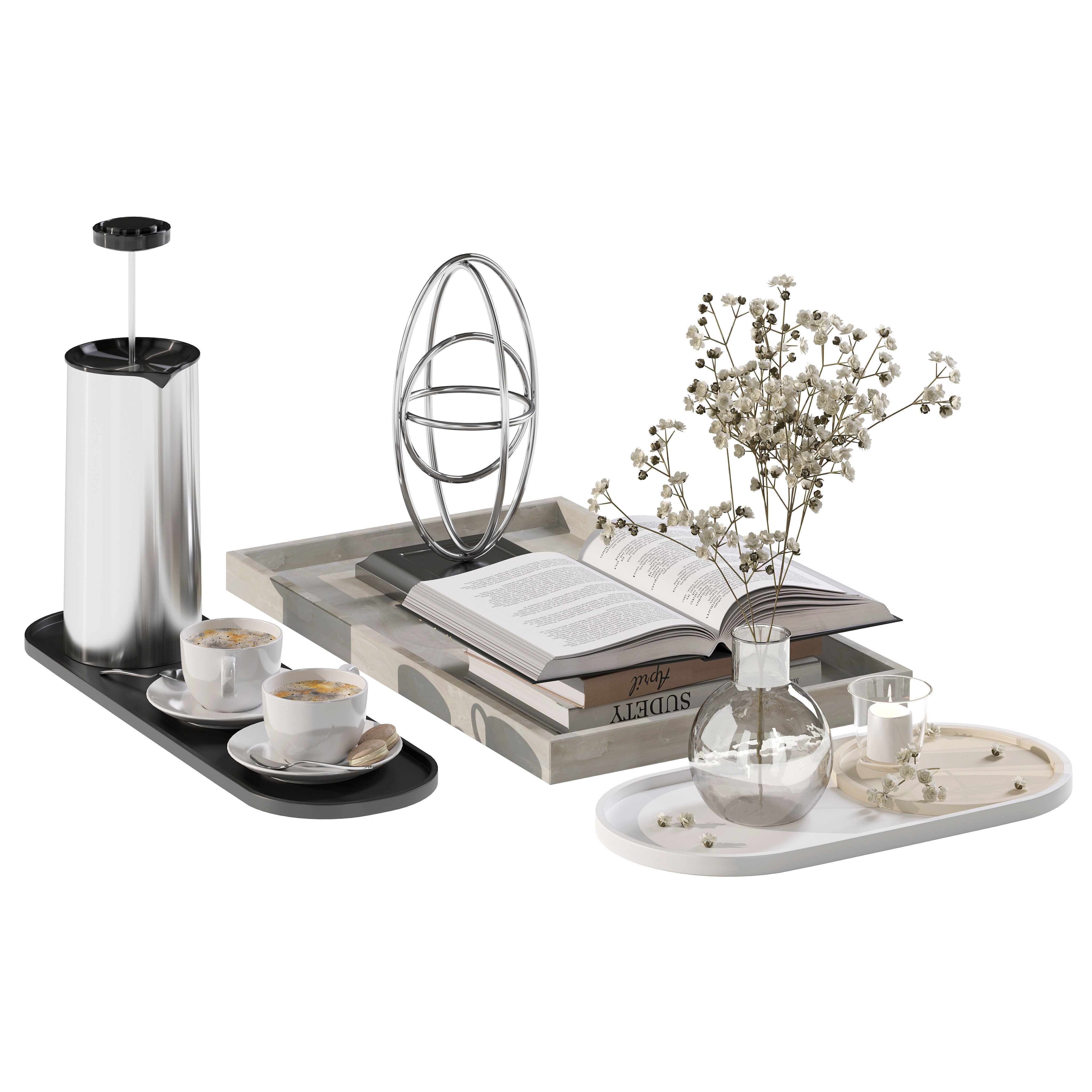 Coffee set 12 - tray pot cup books figurine flower 3D model_2