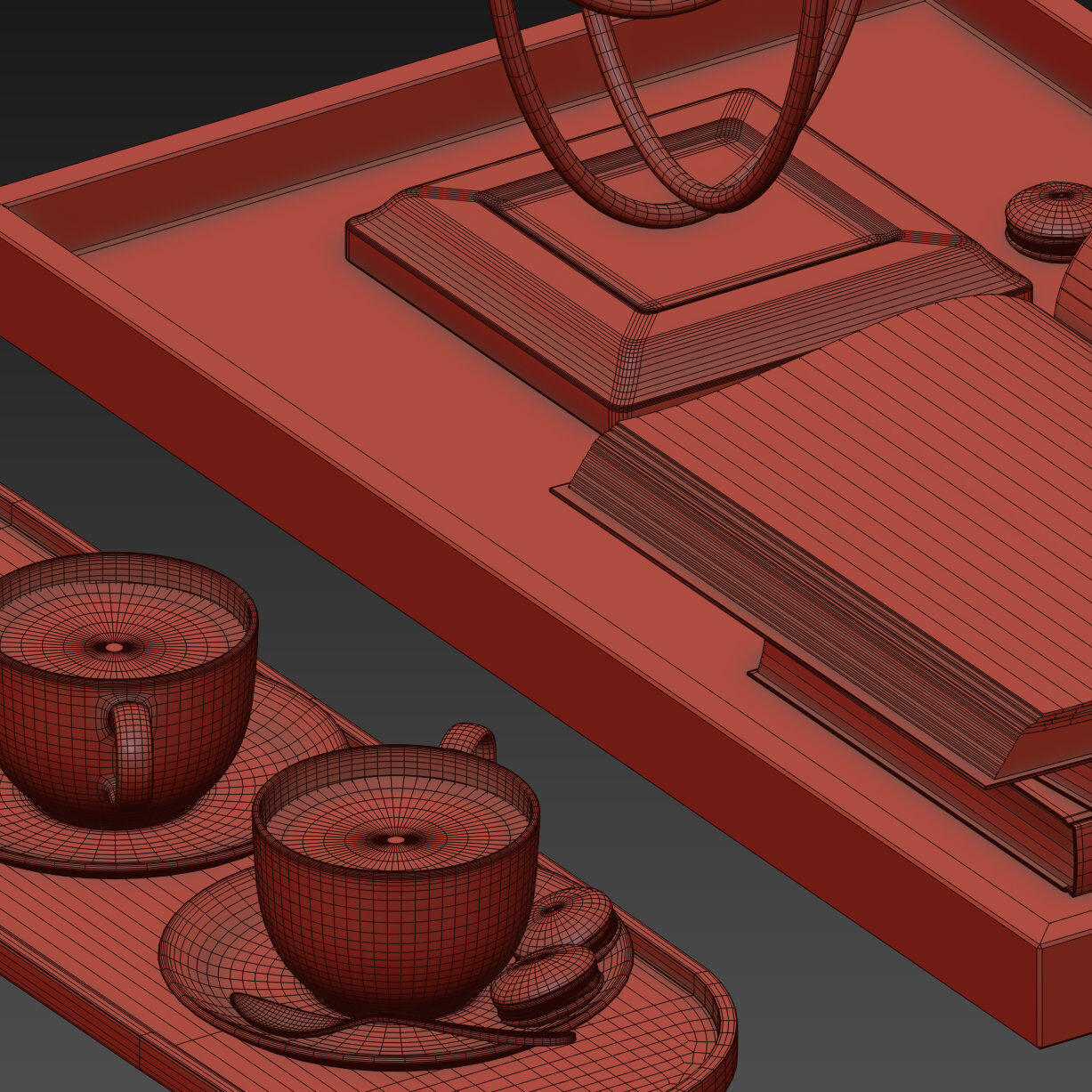 Coffee set 12 - tray pot cup books figurine flower 3D model_21