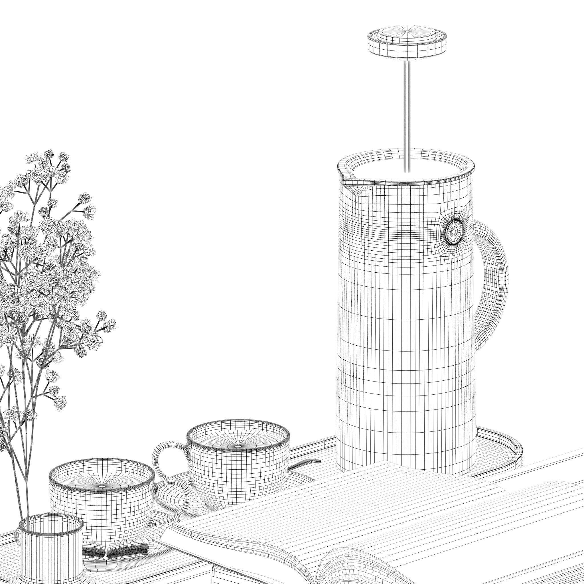 Coffee set 12 - tray pot cup books figurine flower 3D model_16