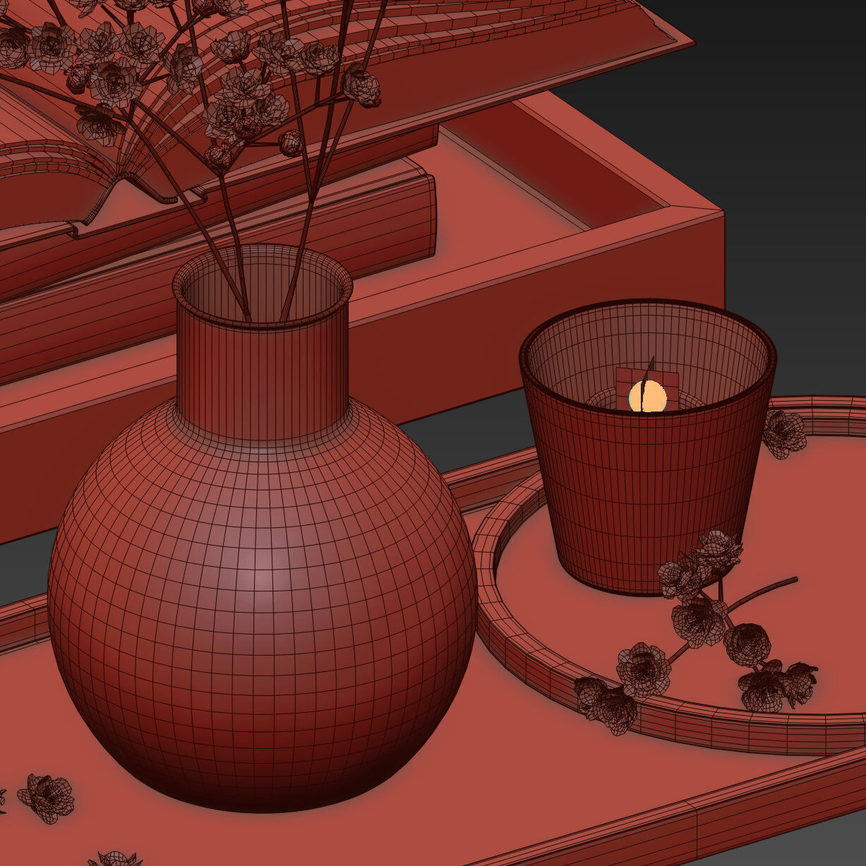 Coffee set 12 - tray pot cup books figurine flower 3D model_20