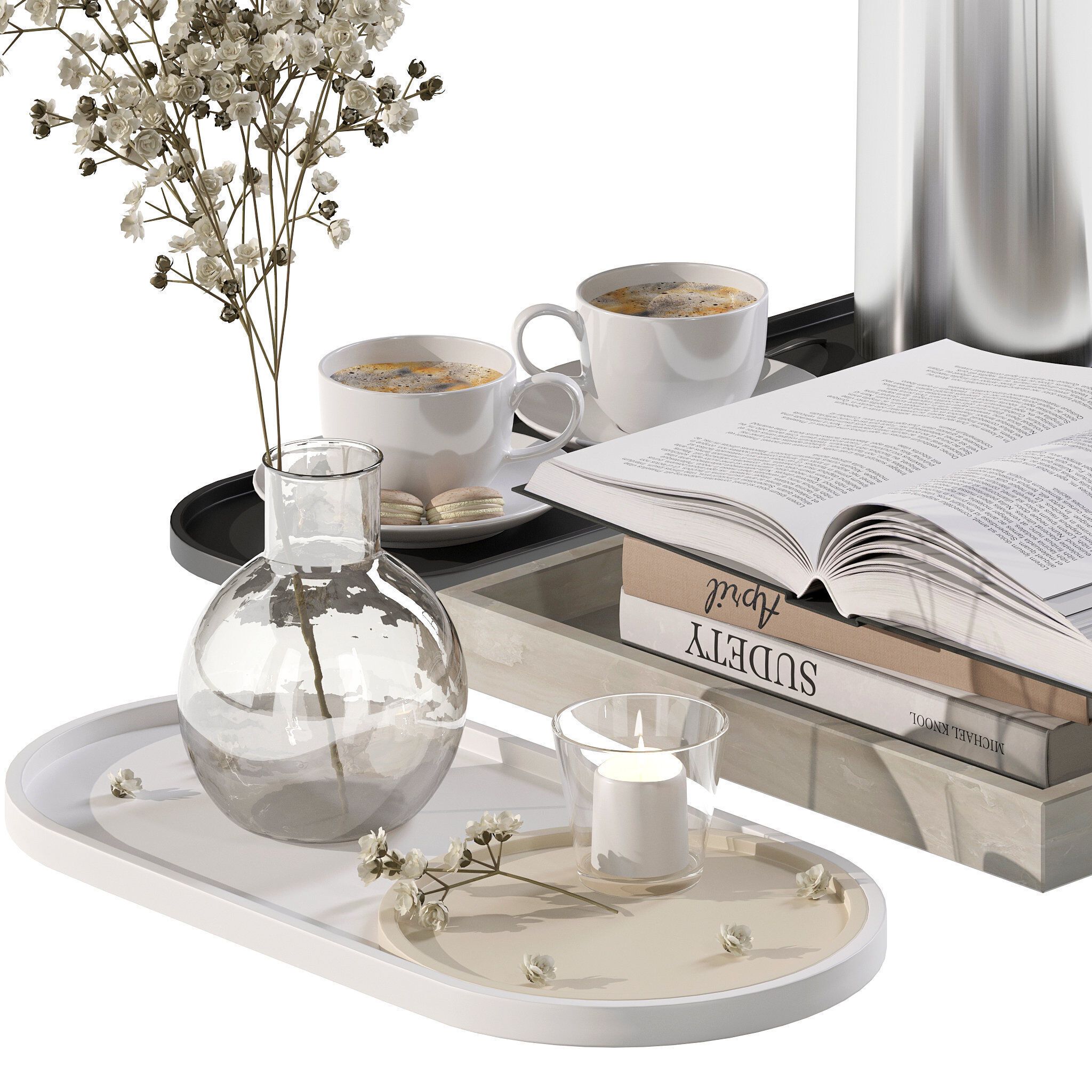 Coffee set 12 - tray pot cup books figurine flower 3D model_8