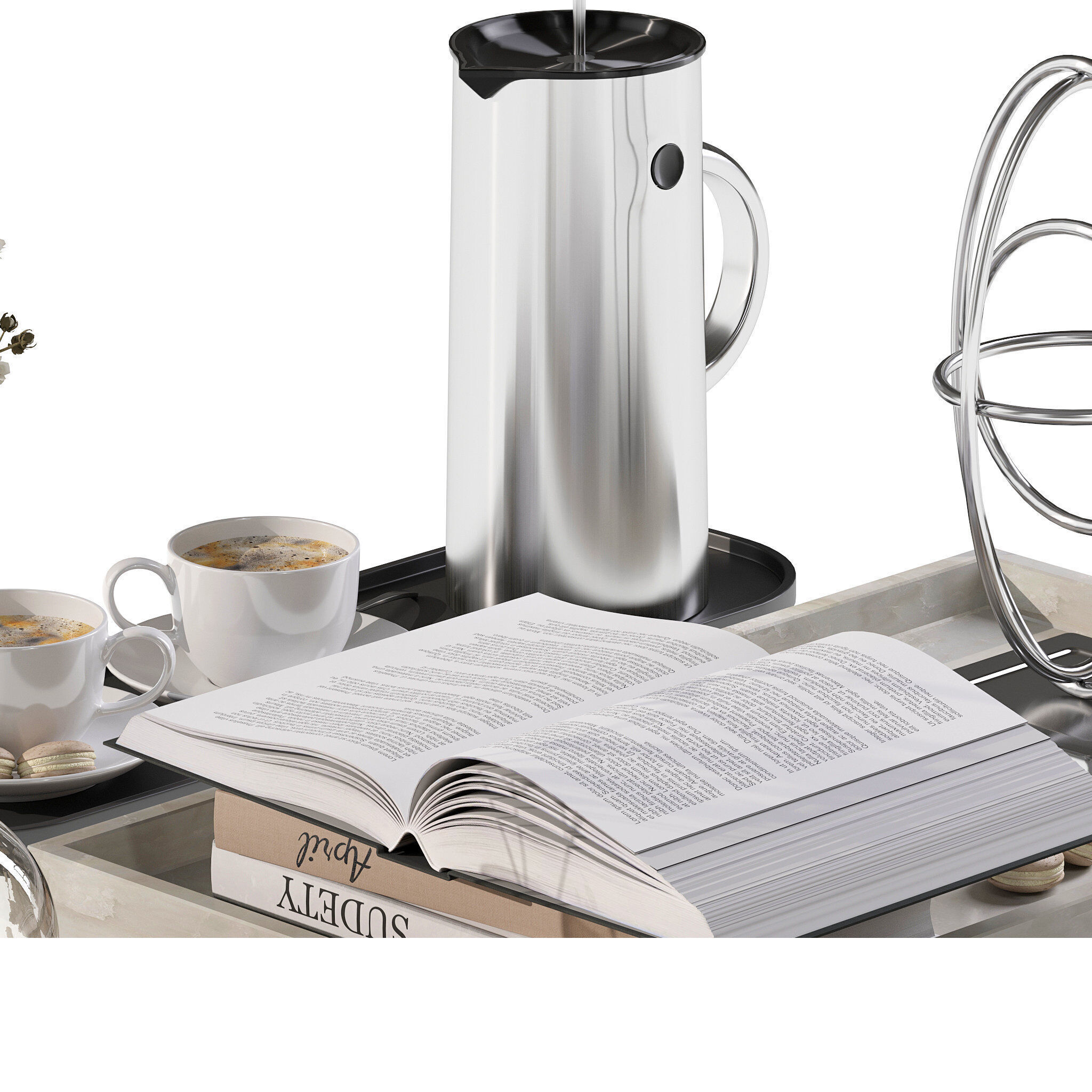 Coffee set 12 - tray pot cup books figurine flower 3D model_3
