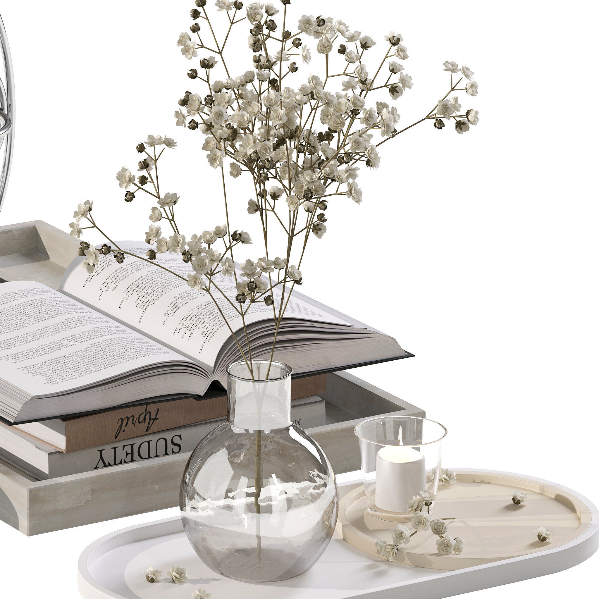 Coffee set 12 - tray pot cup books figurine flower 3D model_7