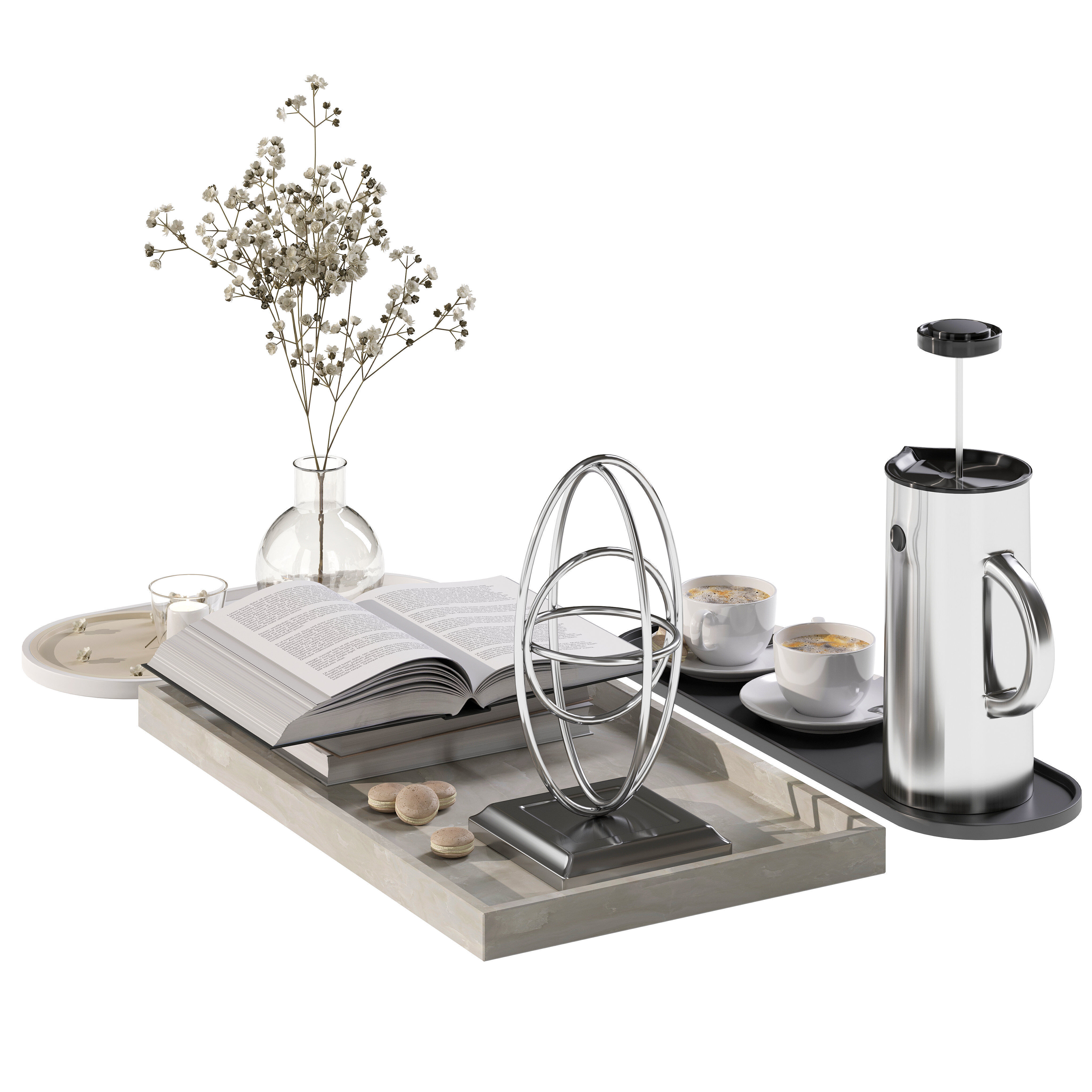 Coffee set 12 - tray pot cup books figurine flower 3D model_1