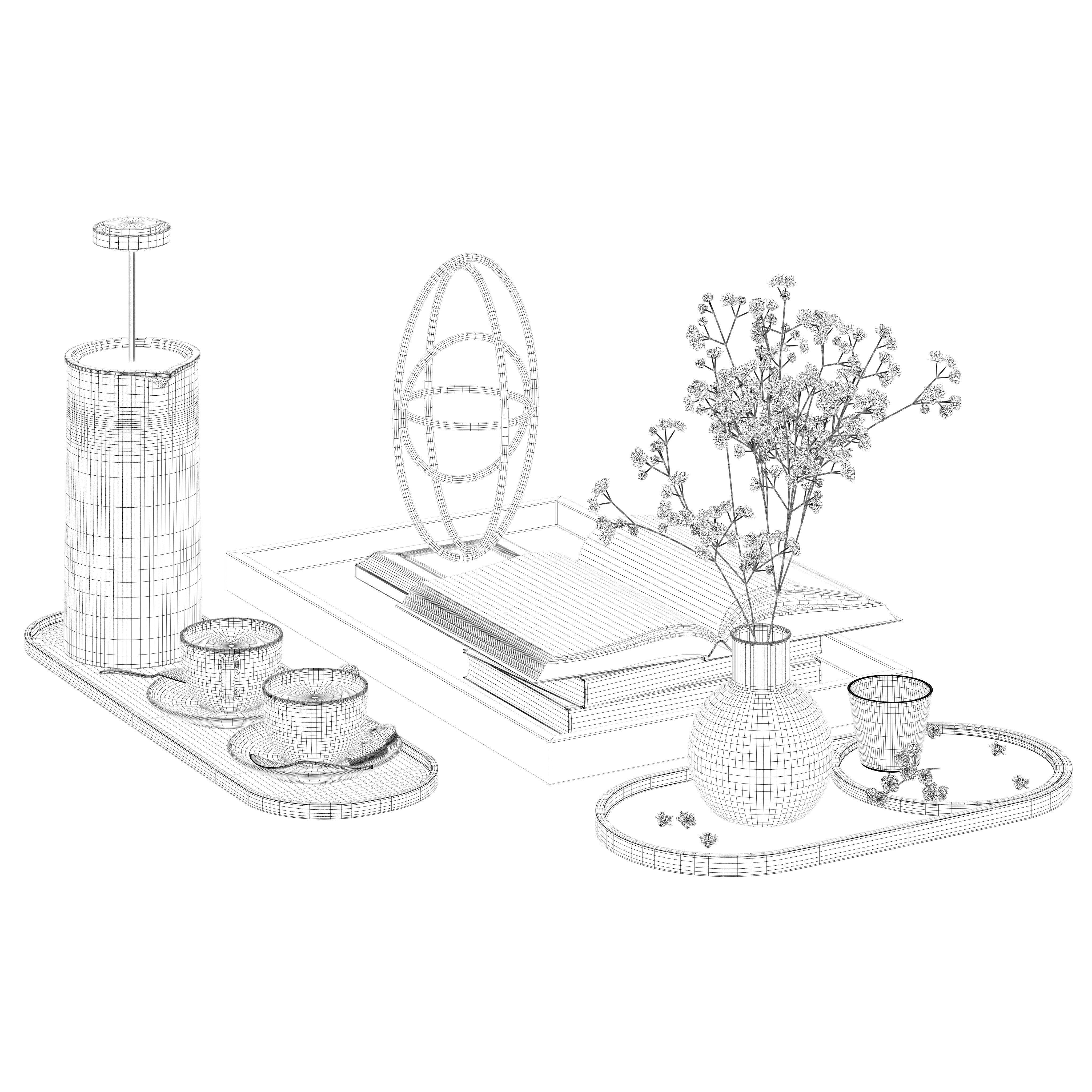 Coffee set 12 - tray pot cup books figurine flower 3D model_11