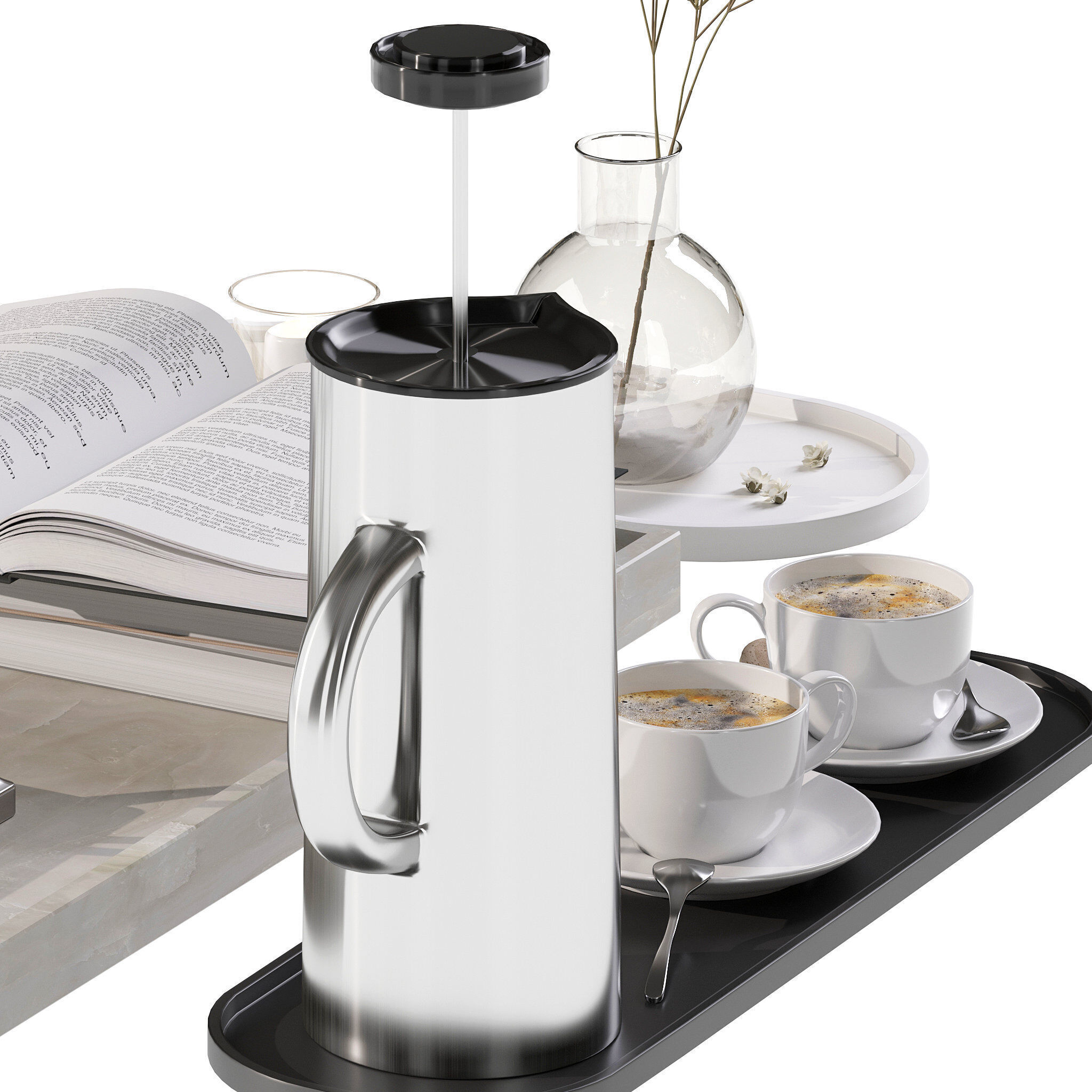 Coffee set 12 - tray pot cup books figurine flower 3D model_4