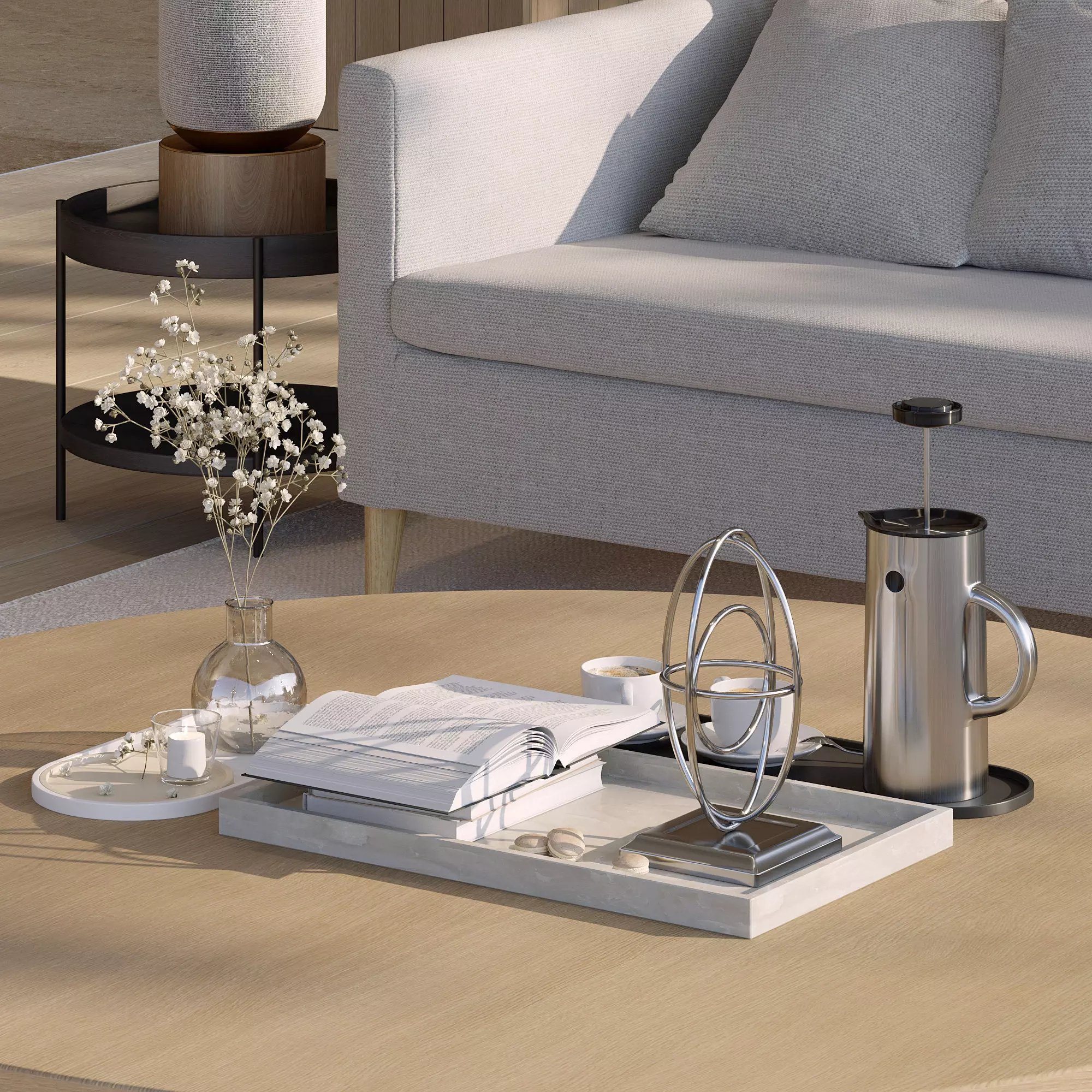 Coffee set 12 - tray pot cup books figurine flower 3D model_0