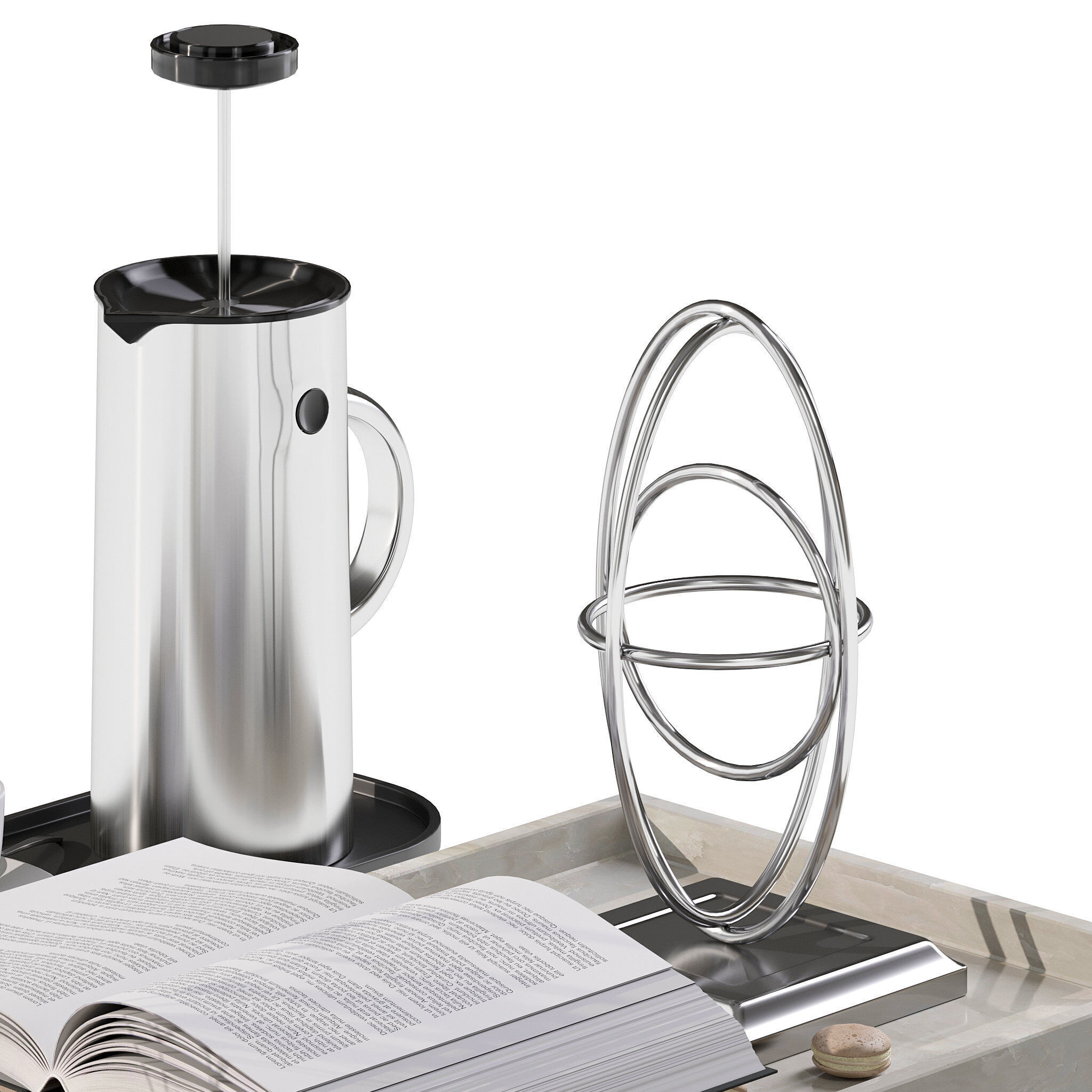 Coffee set 12 - tray pot cup books figurine flower 3D model_5