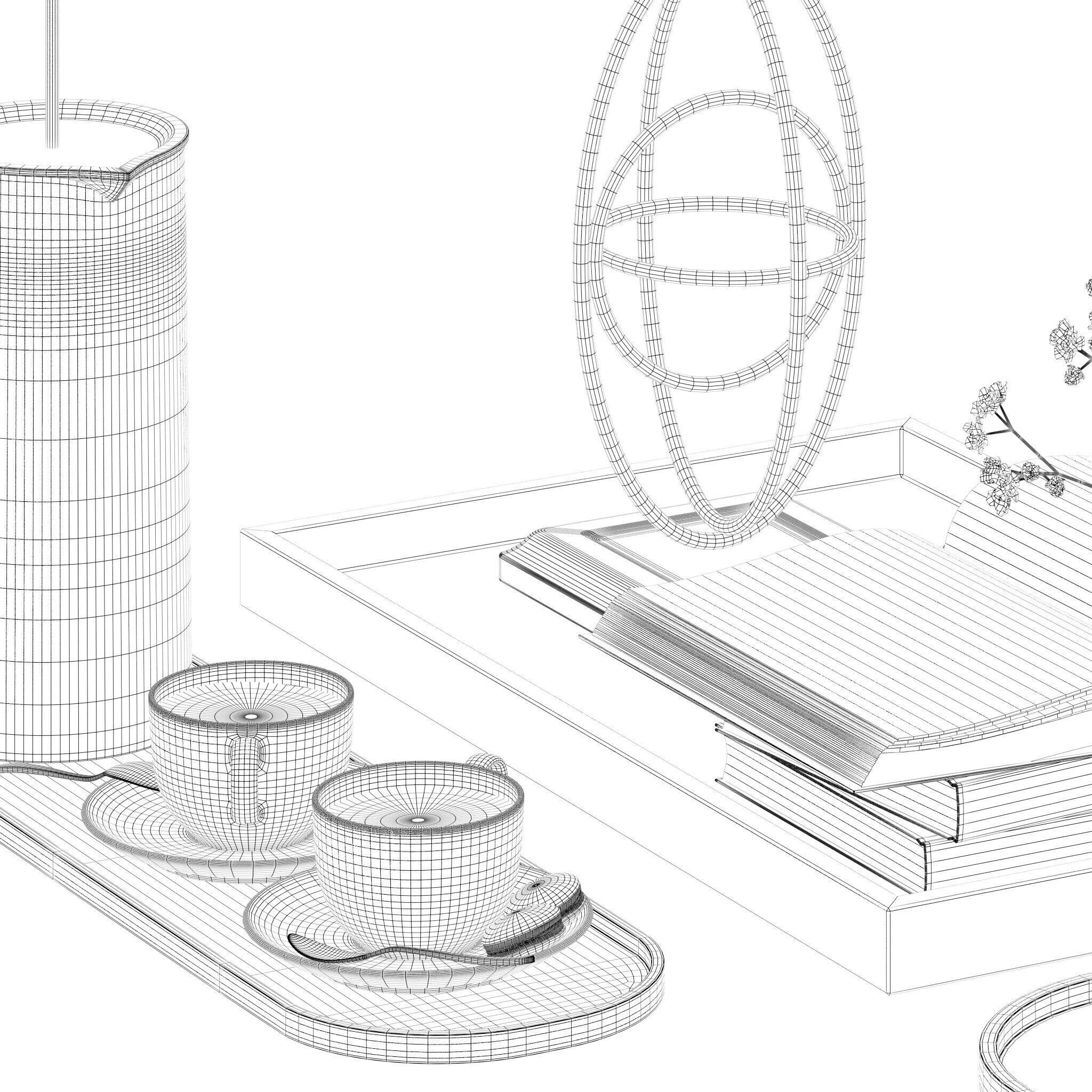 Coffee set 12 - tray pot cup books figurine flower 3D model_12