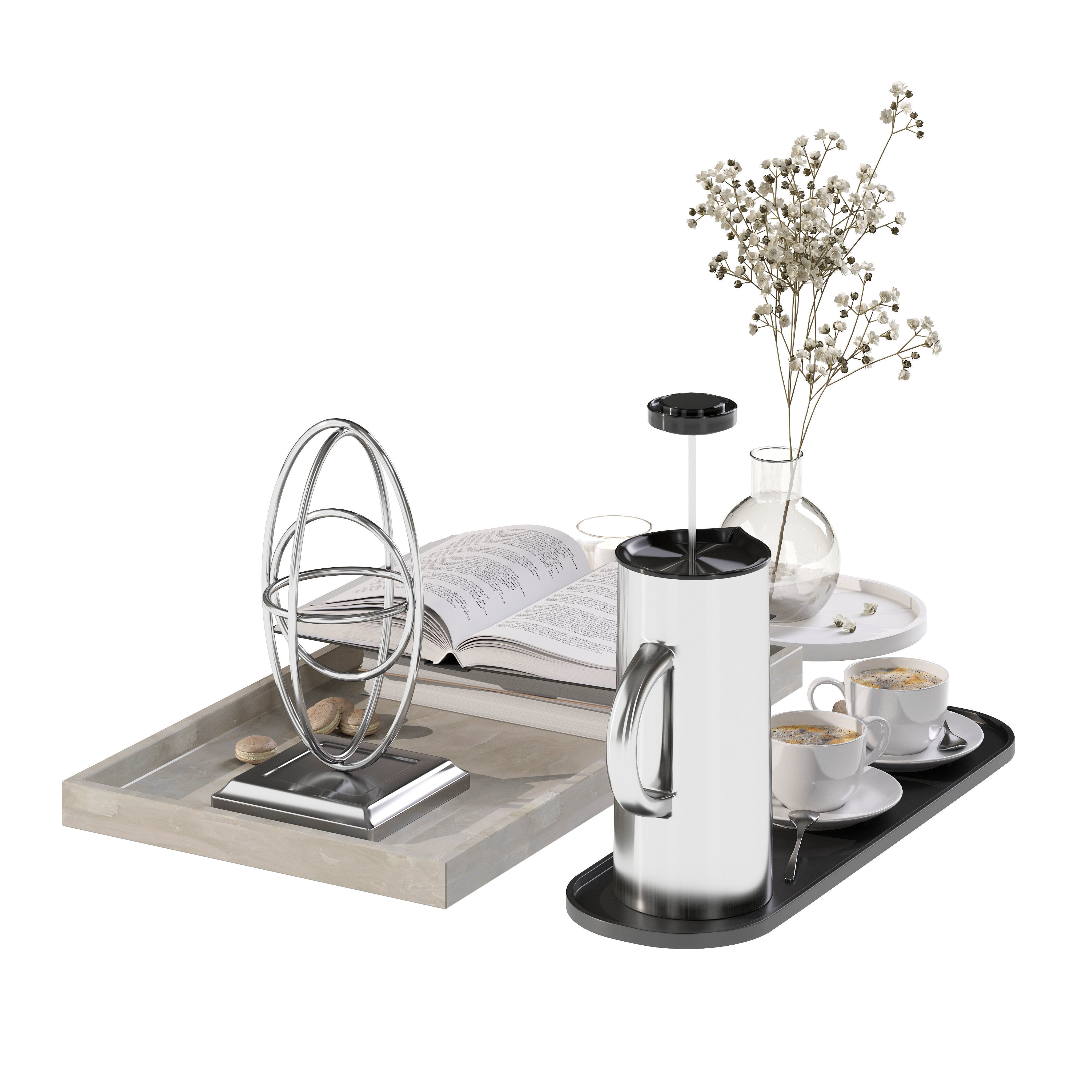 Coffee set 12 - tray pot cup books figurine flower 3D model_17