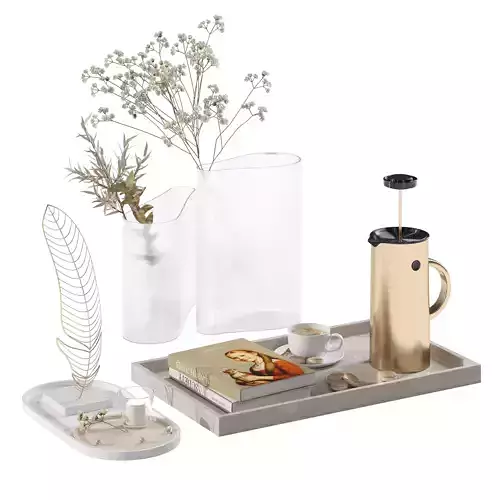 Coffee set 13 - tray pot cup books figurine bouquet pot  3D model