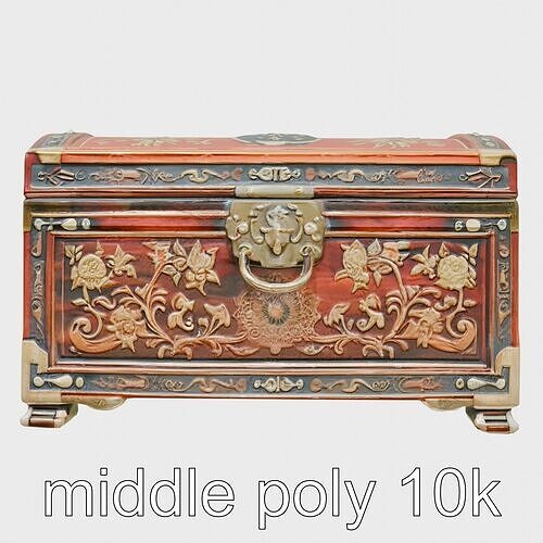 Oriental Treasure Chest with Lacquered Floral Carvings and Br... Low-poly 3D model