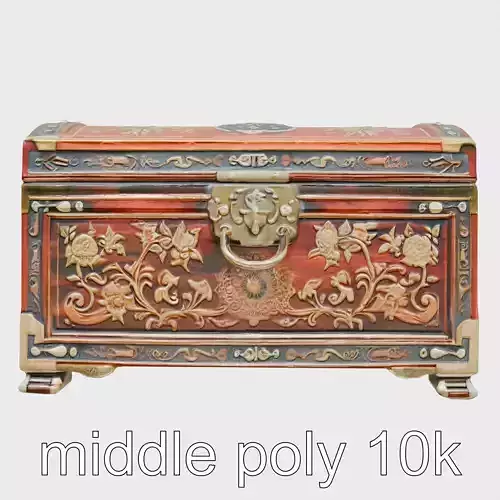 Oriental Treasure Chest with Lacquered Floral Carvings and Bronze Fittings