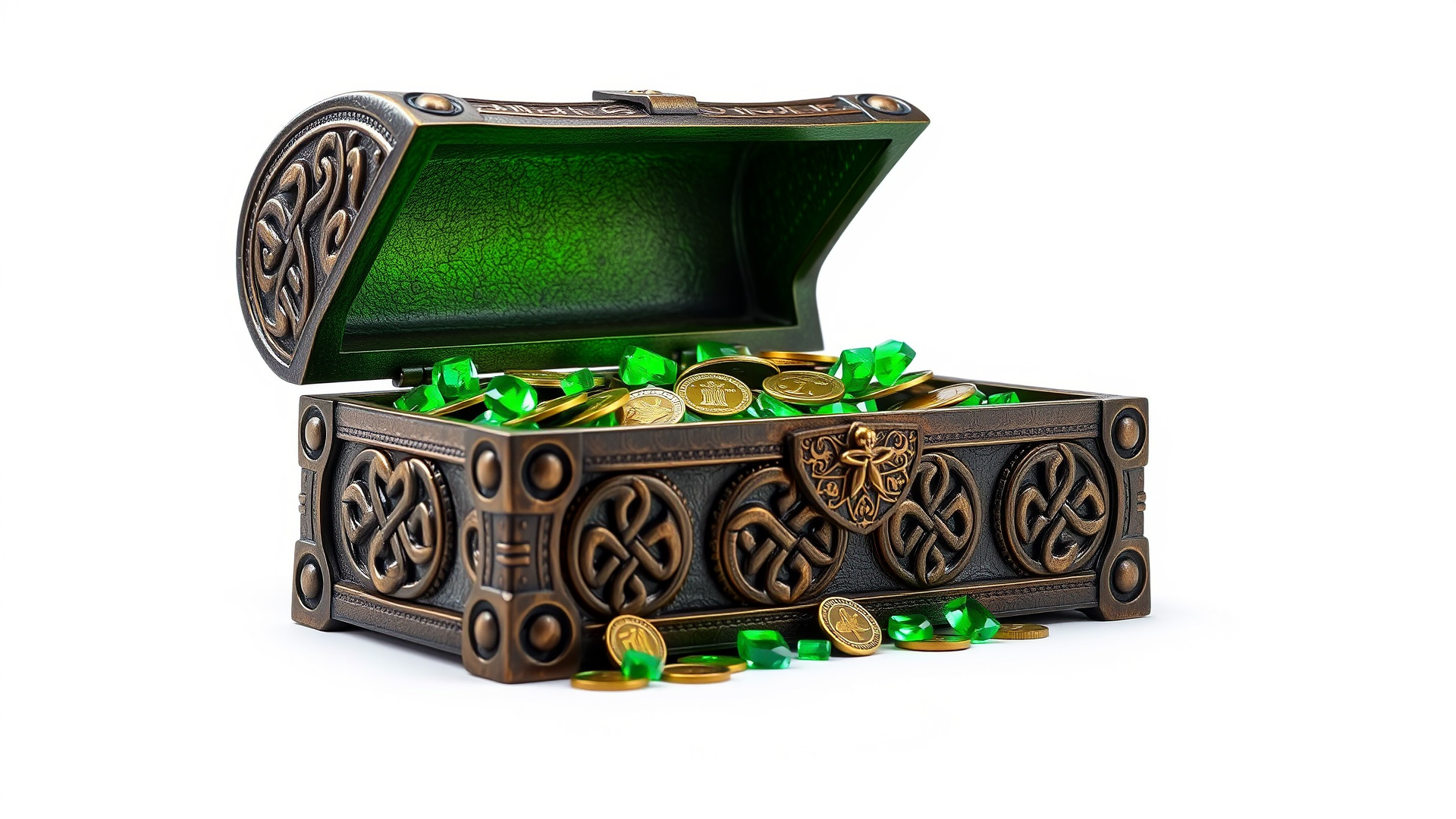 Celtic Open Treasure Chest with Emeralds and Ancient Coins Low-poly 3D model_6