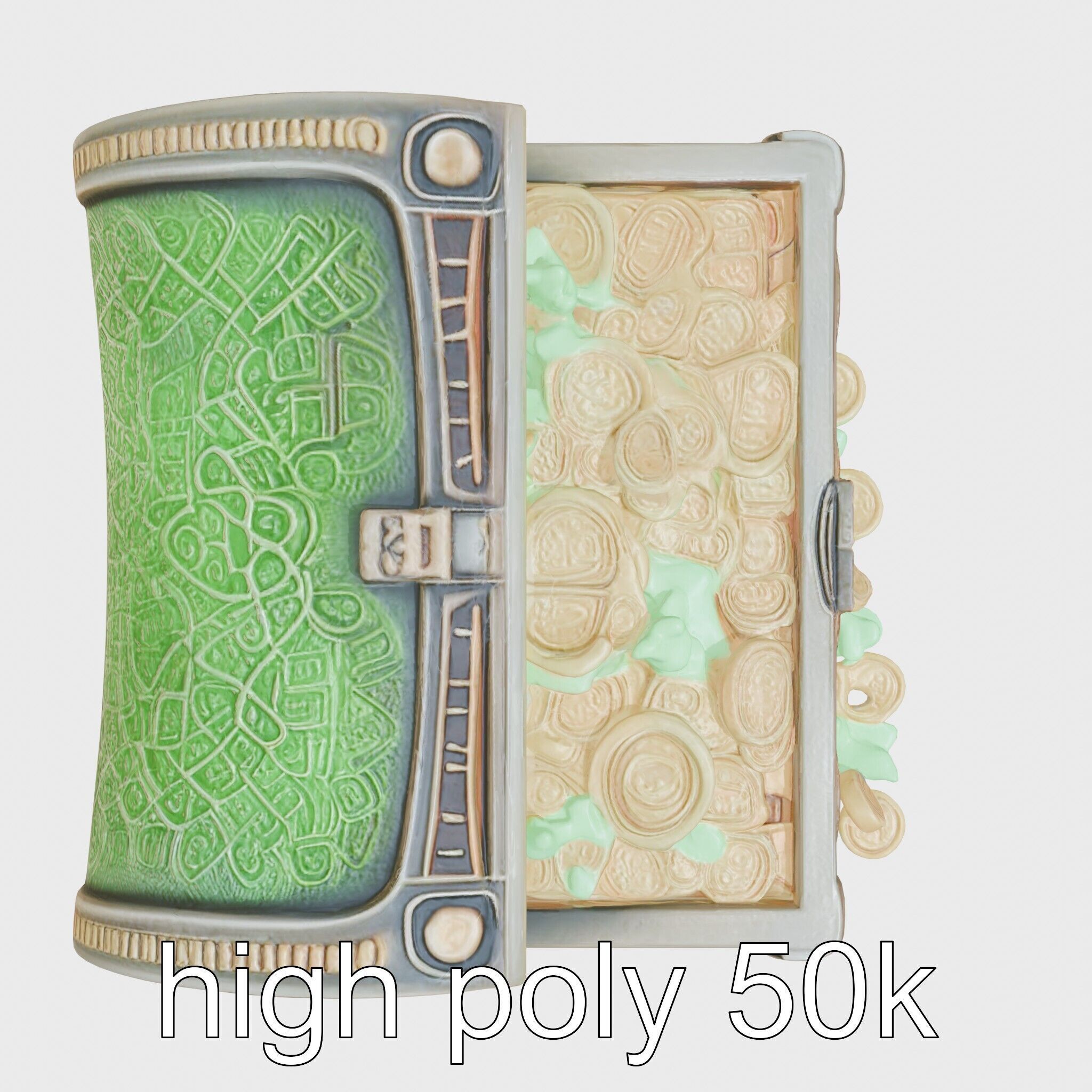 Celtic Open Treasure Chest with Emeralds and Ancient Coins Low-poly 3D model_5