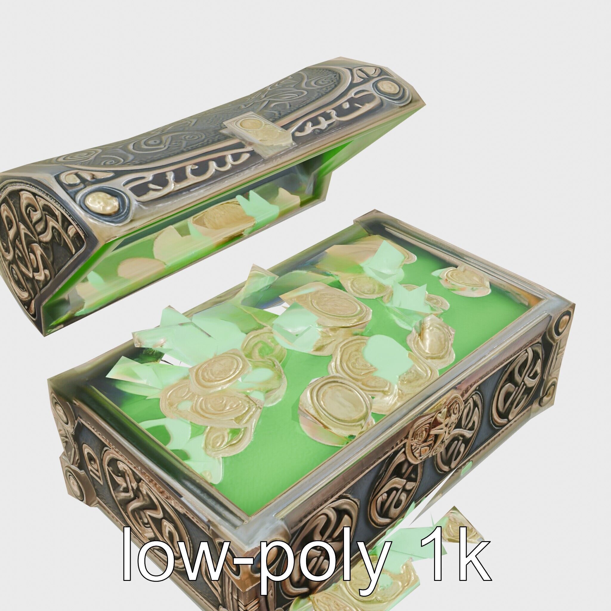 Celtic Open Treasure Chest with Emeralds and Ancient Coins Low-poly 3D model_28