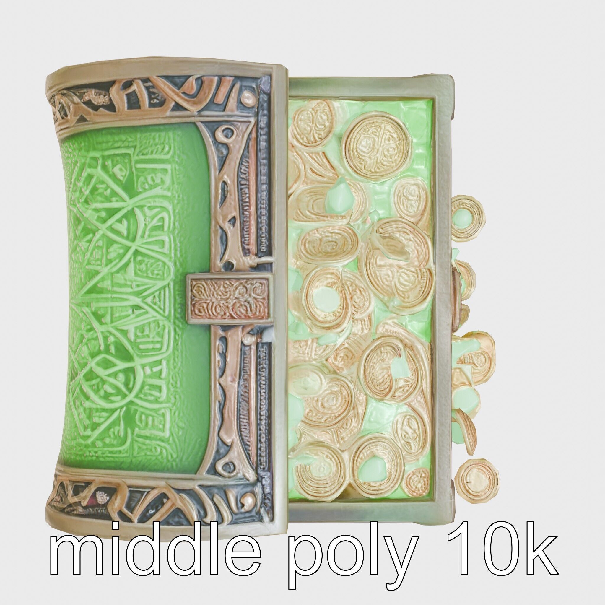Celtic Open Treasure Chest with Emeralds and Ancient Coins Low-poly 3D model_31