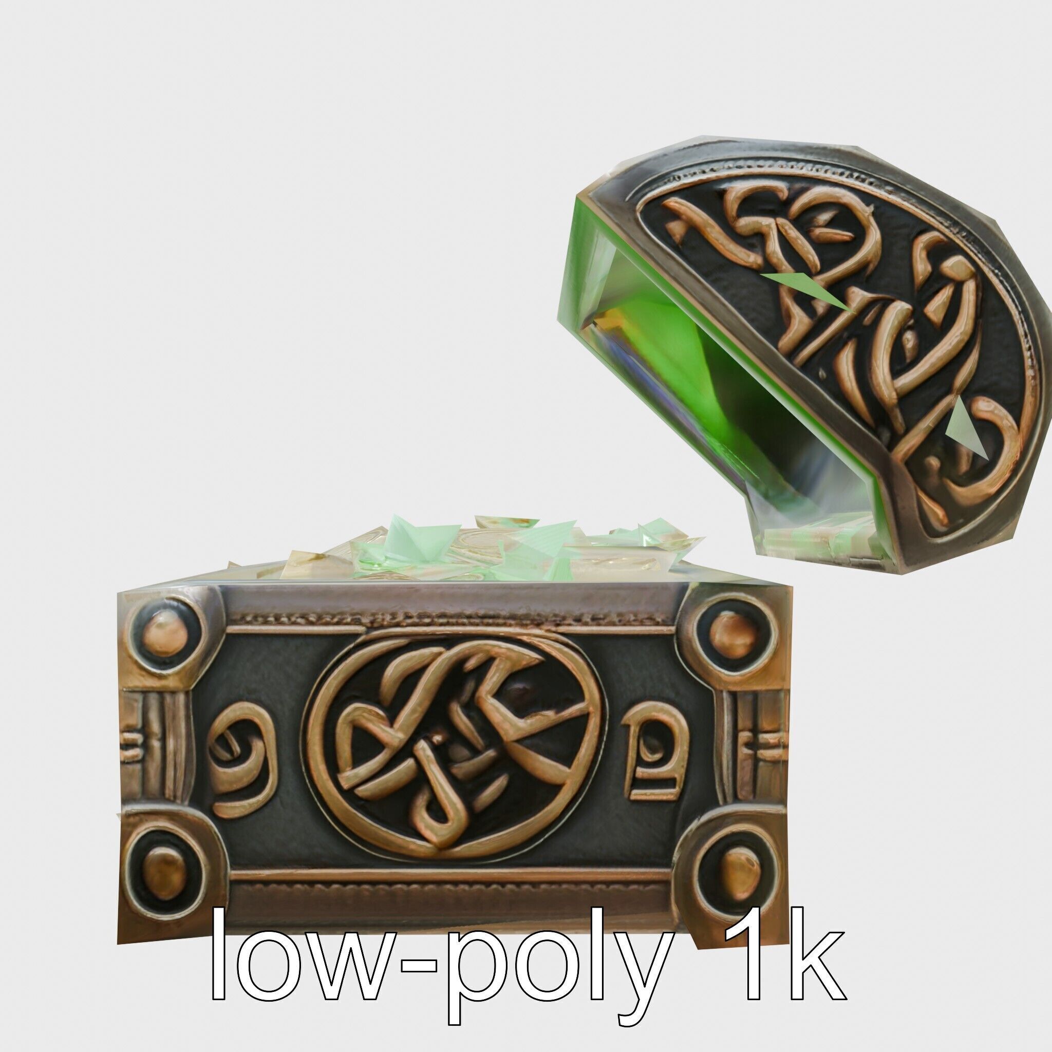 Celtic Open Treasure Chest with Emeralds and Ancient Coins Low-poly 3D model_7
