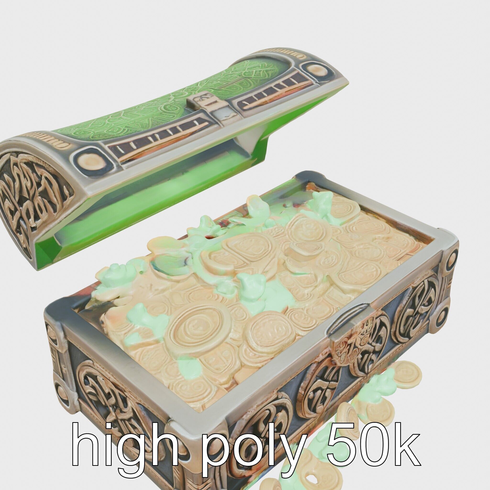 Celtic Open Treasure Chest with Emeralds and Ancient Coins Low-poly 3D model_19