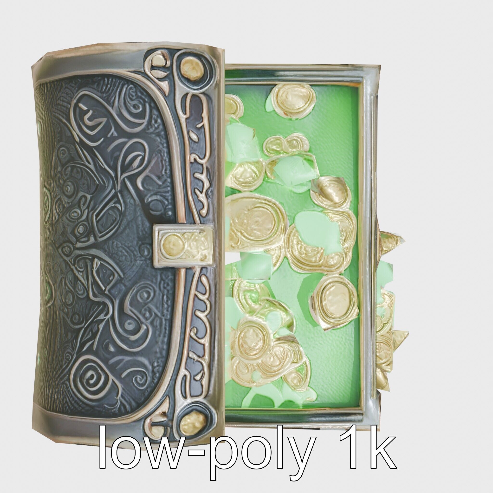 Celtic Open Treasure Chest with Emeralds and Ancient Coins Low-poly 3D model_30