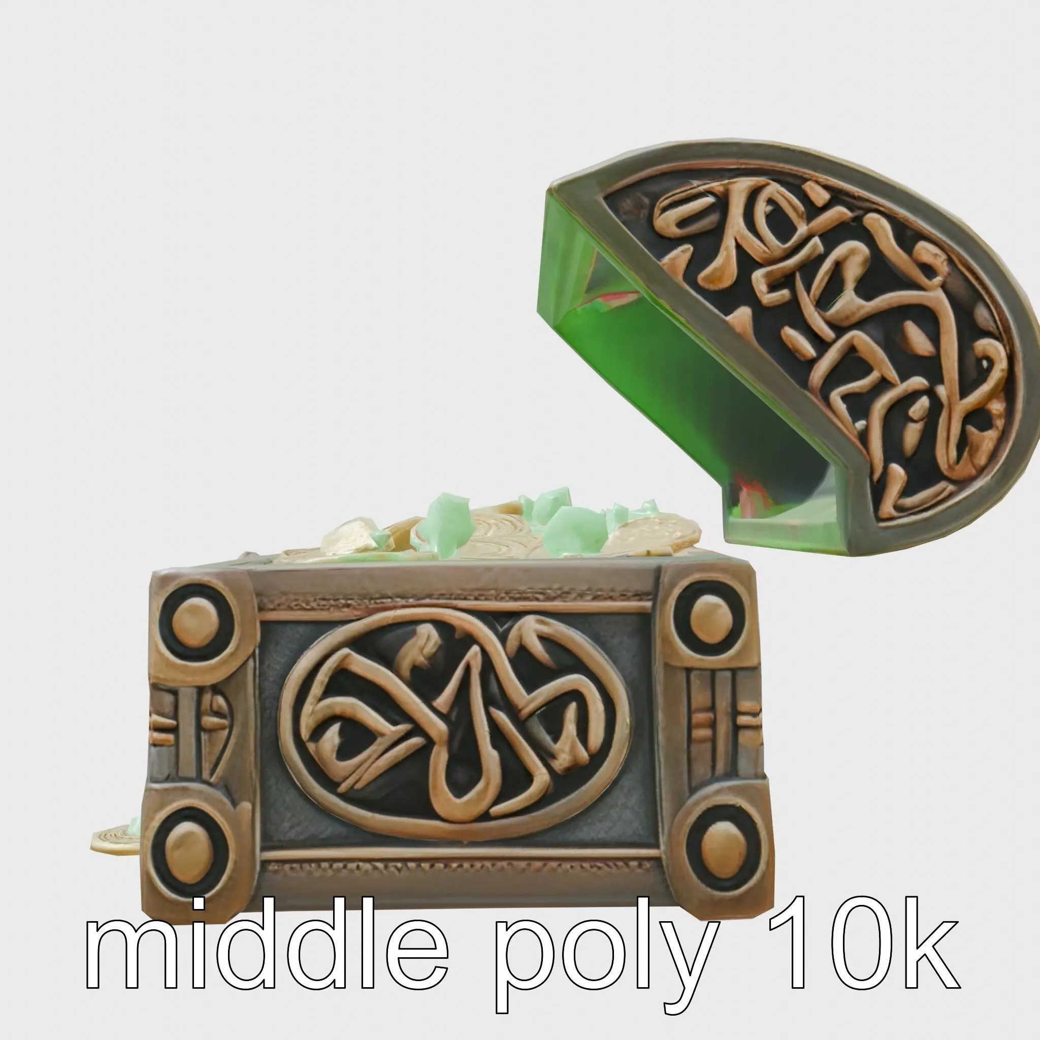 Celtic Open Treasure Chest with Emeralds and Ancient Coins Low-poly 3D model_0